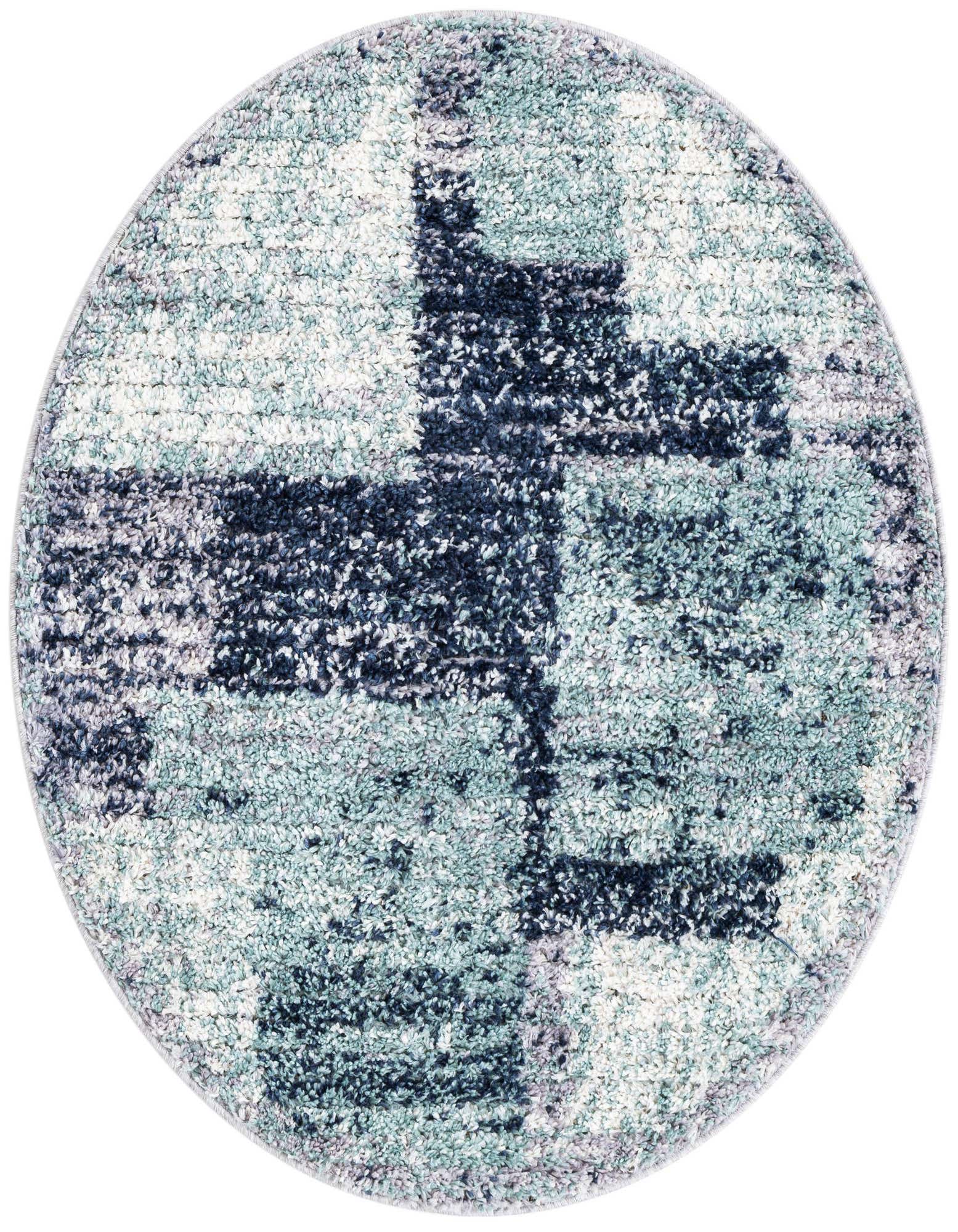 Rugs.com Tucson 3' 1 x 3' 1 round rug featuring an abstract pattern in varying shades of blue, gray, and white.