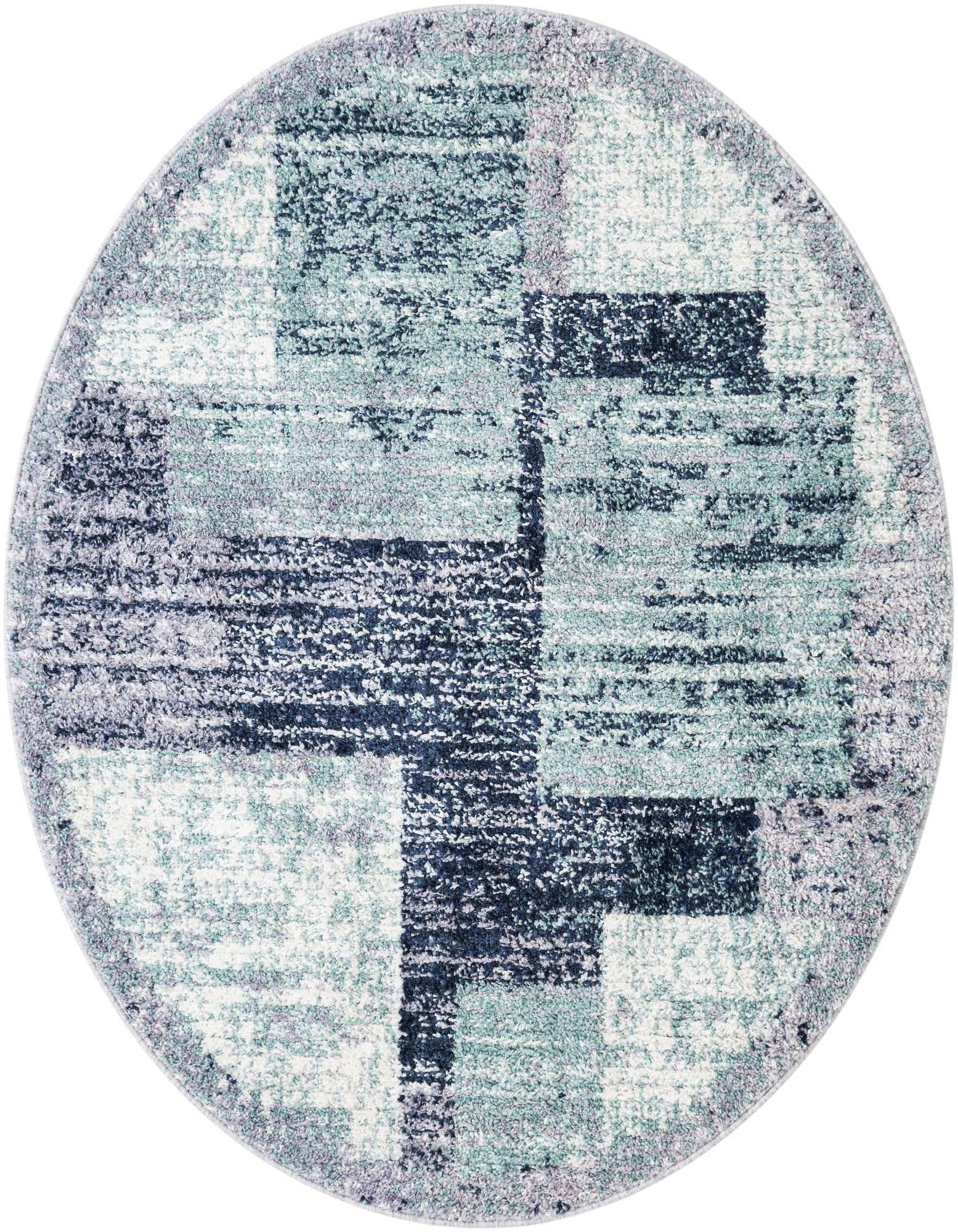 A 5'3" round Tucson rug by Rugs.com featuring an abstract modern pattern in shades of blue and gray, with a high shag pile.