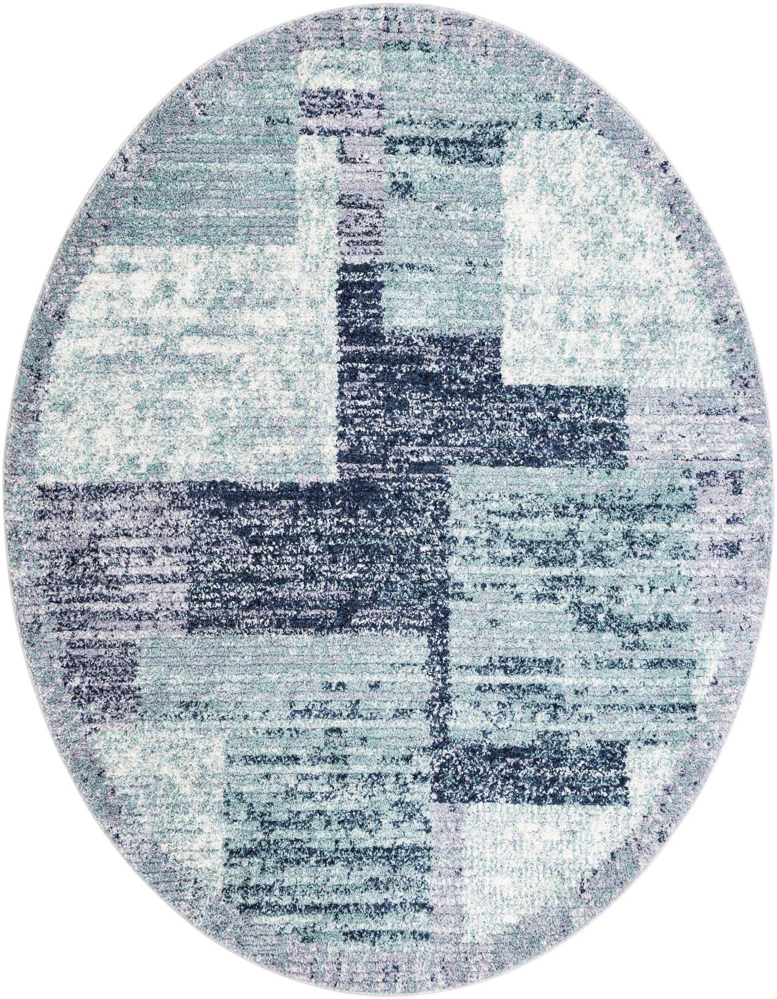 A round 7' 10" x 7' 10" Rugs.com Tucson rug featuring an abstract pattern in varying shades of blue, gray, and white, with a textured shag pile.