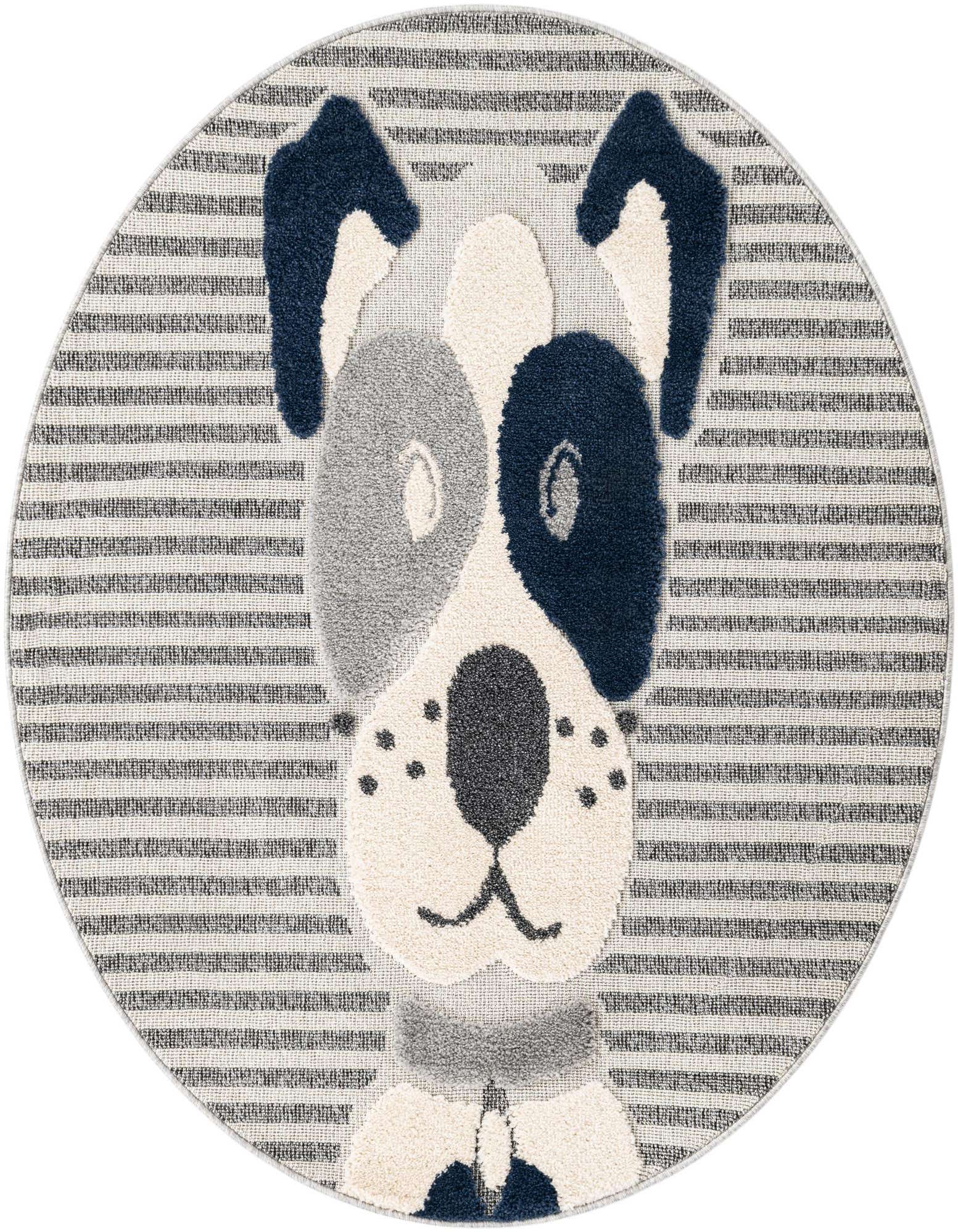 A round rug featuring a cute dog's face in shades of blue, gray, and white, set against a striped background, perfect for a child's room.