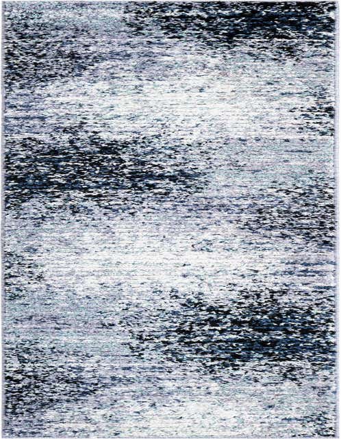 A long 8 ft runner rug with an abstract modern pattern in shades of blue, gray, and white, perfect for a hallway.
