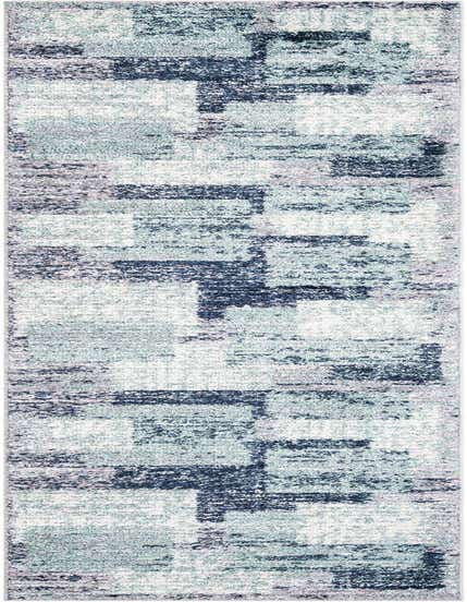 A 12 ft runner rug with an abstract modern pattern in shades of blue, gray, and silver, featuring a shag pile.