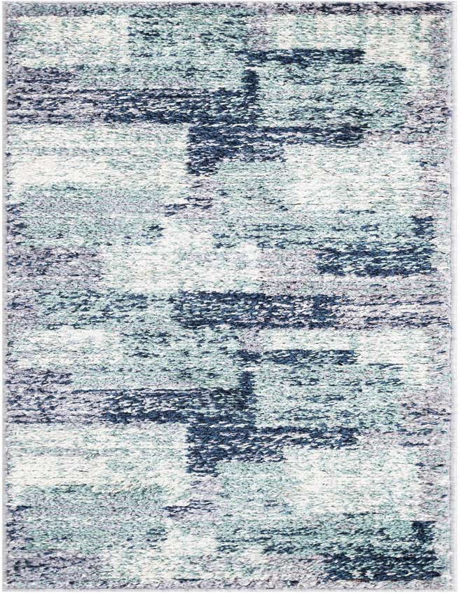 A 6 ft runner rug with a modern abstract pattern in shades of blue, gray, and white, featuring a soft shag pile.