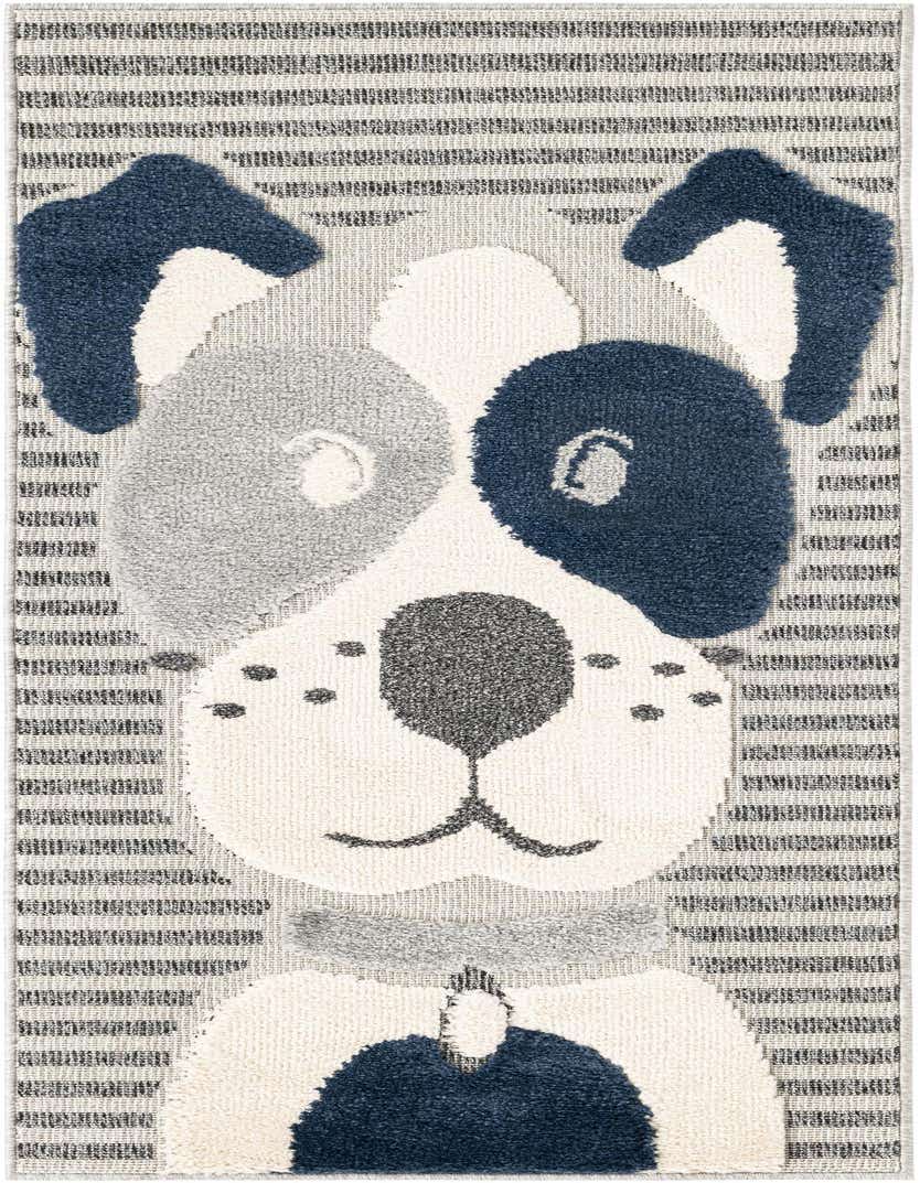 A 6 ft runner rug featuring a playful dog face design in shades of blue, gray, and white, with a striped background.