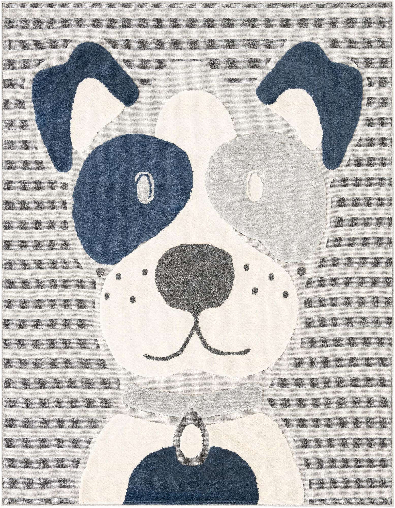 A square rug featuring a friendly cartoon dog face in blues, grays, and white, set against a striped background.