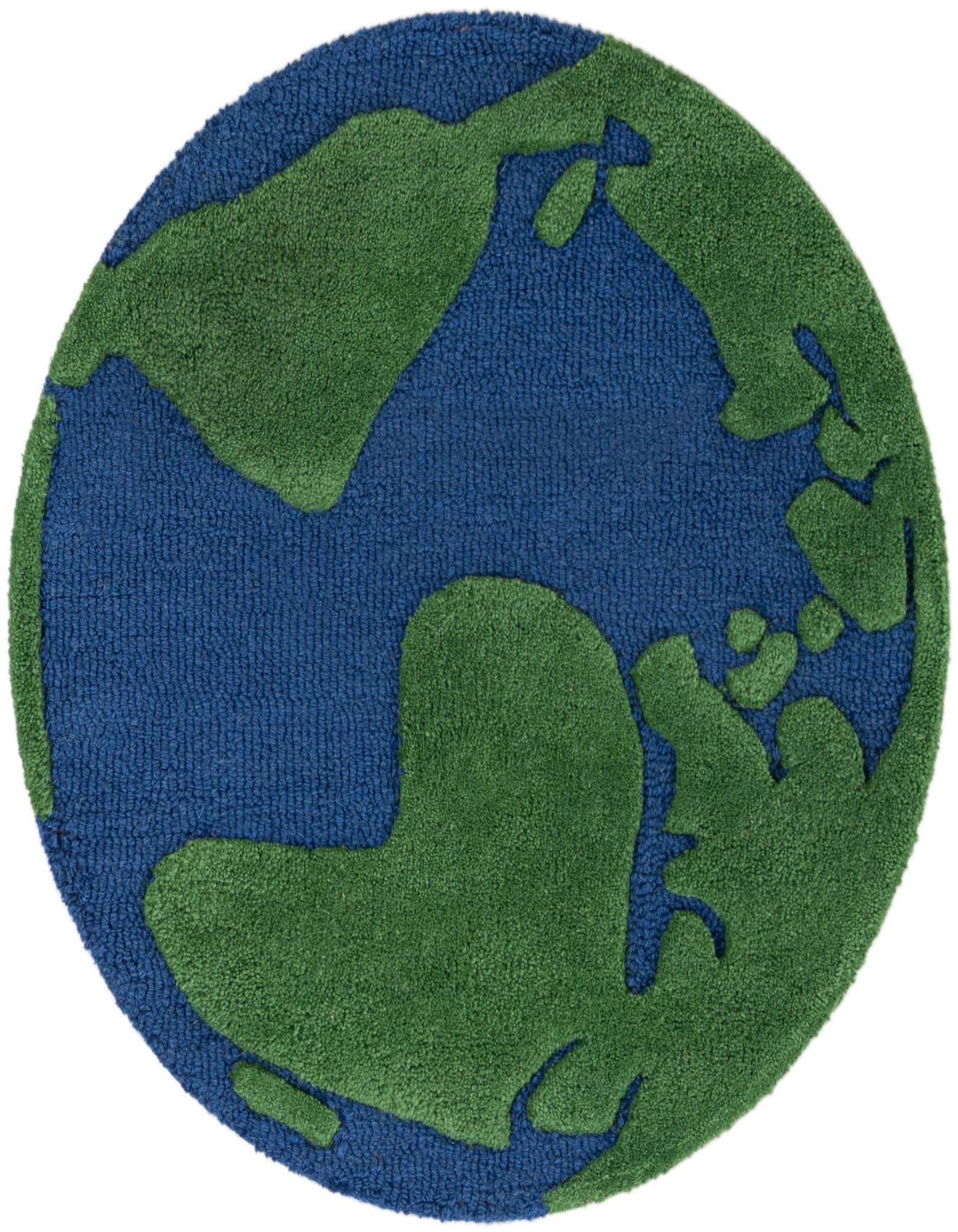 A round, high-pile rug depicting a blue ocean with green continents, resembling a stylized Earth, perfect for a child's room.