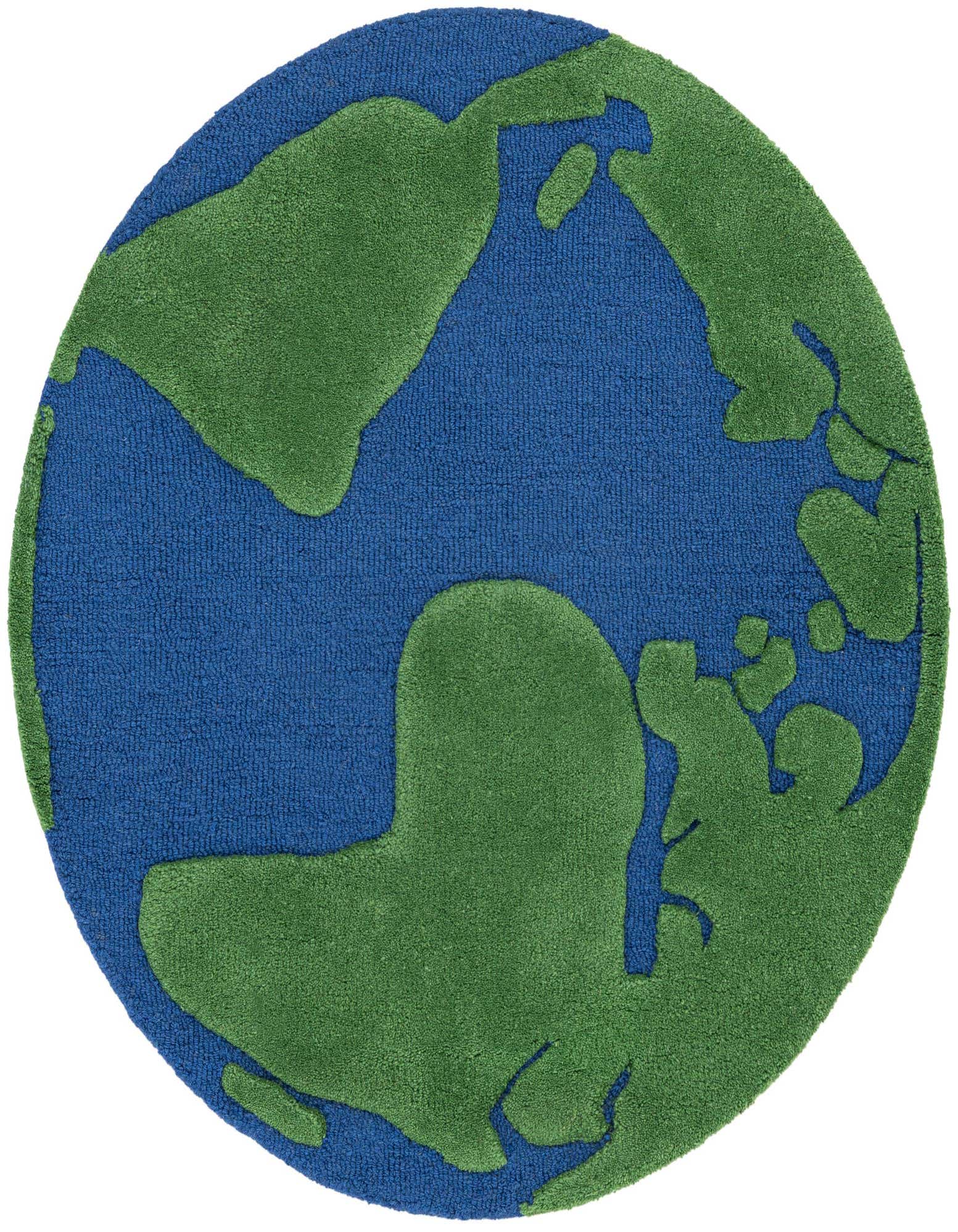 A round, freeform rug depicting a blue ocean and green continents, resembling a world map, perfect for a child's room.