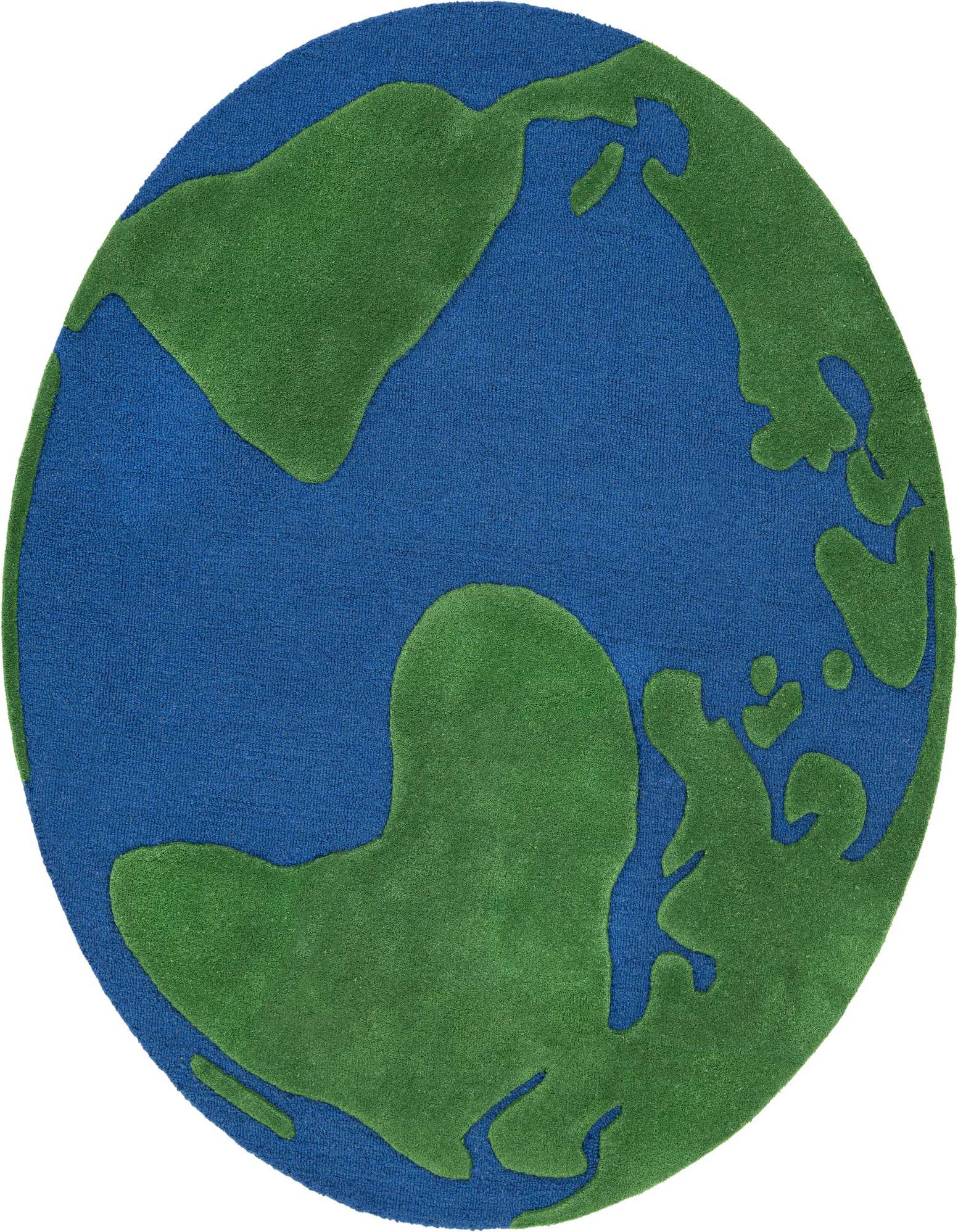 A round, blue and green rug shaped like a world map, showing continents in green against a blue ocean.