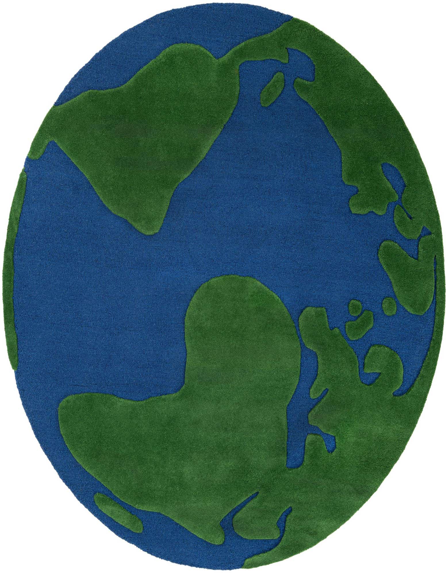A round blue and green rug depicting a stylized map of the Earth with continents in green and oceans in blue, perfect for a child's room.