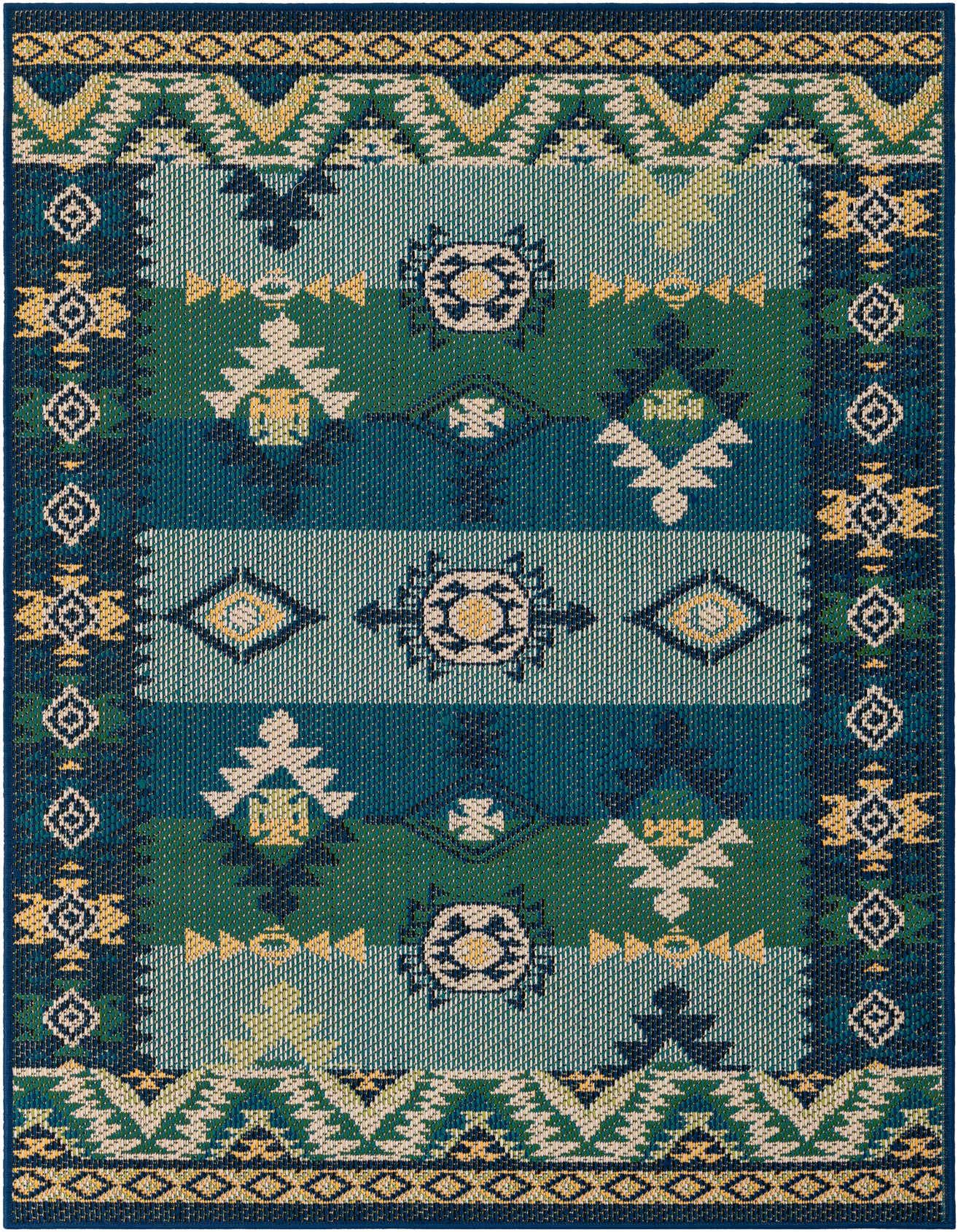 A 4x6 rectangular Baja Outdoor rug featuring a modern geometric pattern in various shades of blue and green, with accents of yellow and cream, ideal for indoor or outdoor spaces.