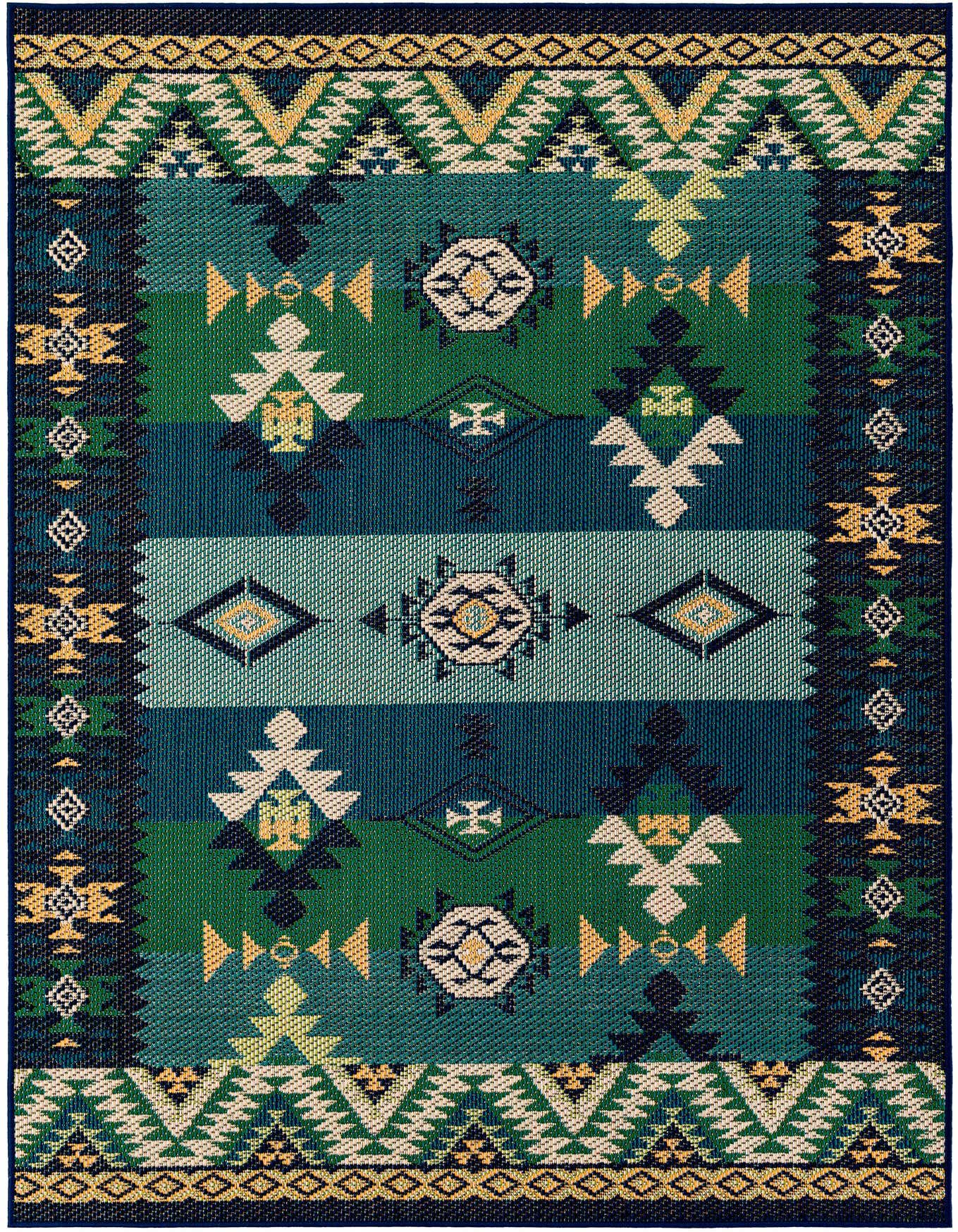 A 5x8 rectangular Baja Outdoor rug featuring a modern geometric pattern in shades of blue, green, and cream.