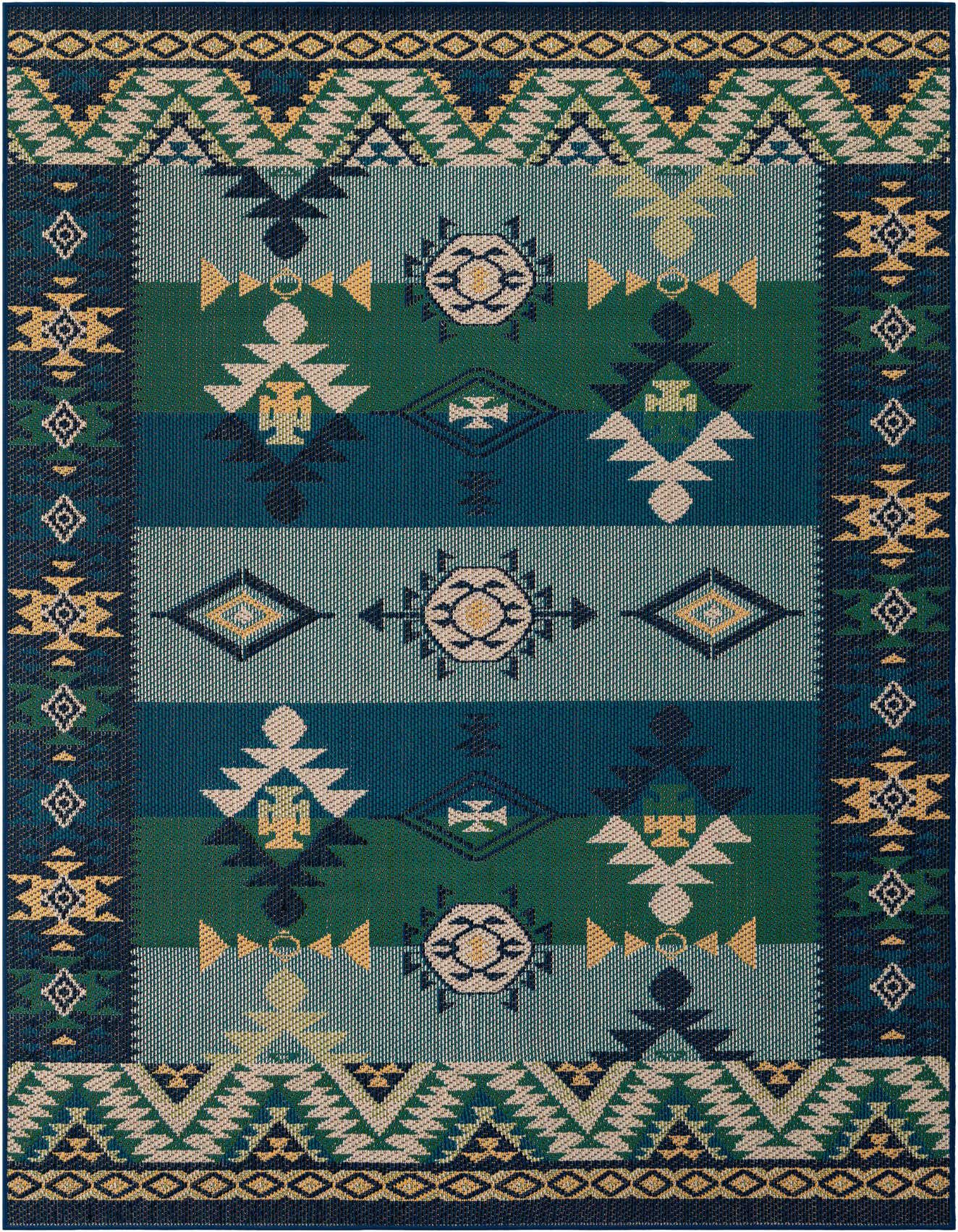 A 6x9 rectangular Baja Outdoor rug featuring a modern geometric pattern in shades of blue, green, and beige.