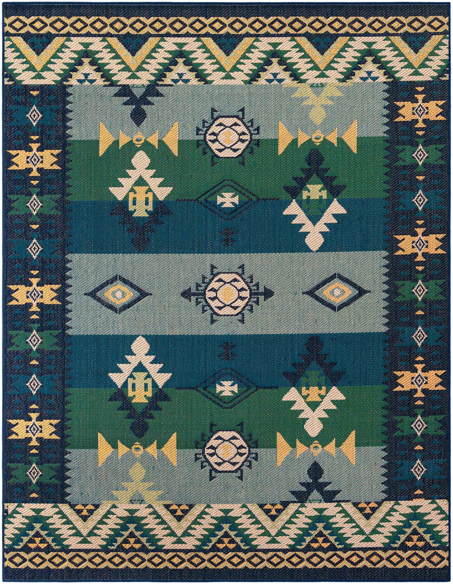 An 8x10 rectangular Baja Outdoor rug featuring traditional geometric patterns in various shades of blue, green, and yellow.