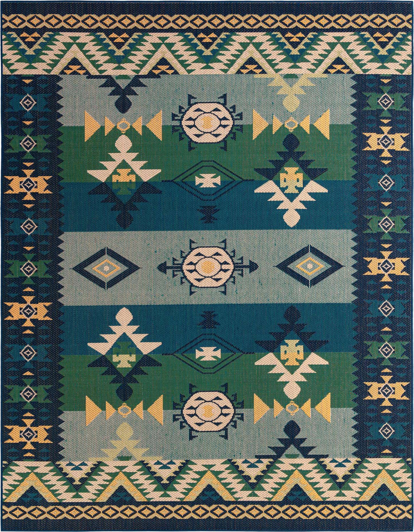 A 9x12 rectangular Baja Outdoor rug featuring a vibrant geometric pattern in blues, greens, and yellow.