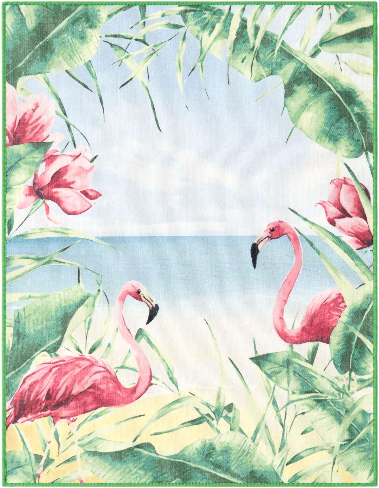 A 4x6 rectangular tropical rug featuring two pink flamingos on a beach with palm leaves, hibiscus flowers, and a blue ocean backdrop.