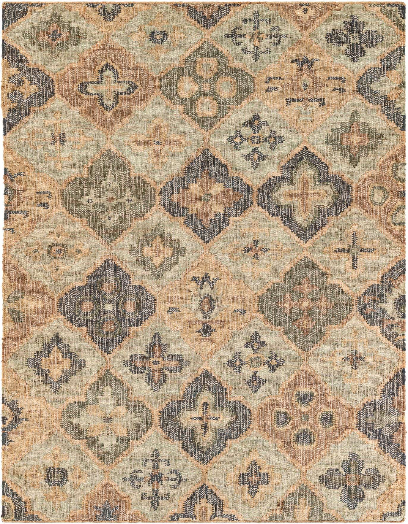 A 5x8 rectangular modern rug featuring a woven geometric pattern in shades of blue, green, and natural jute.