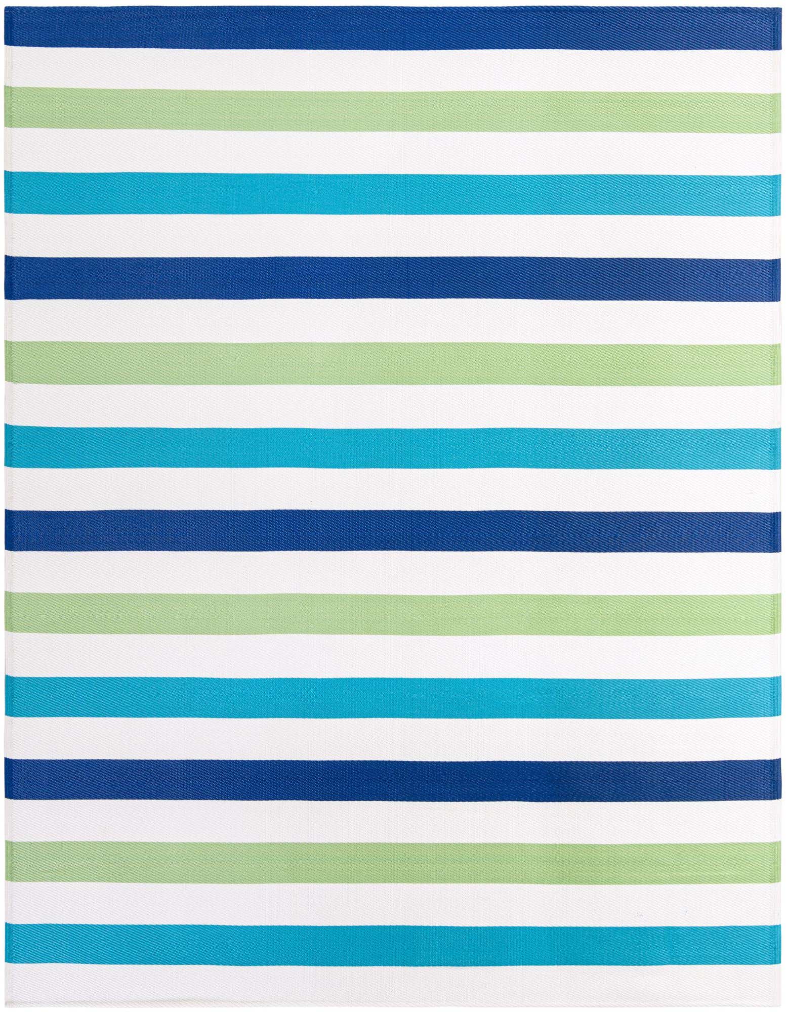 A rectangular 8x10 Rugs.com Vista Breeze Outdoor rug featuring wide horizontal stripes in varying shades of blue, teal, light green, and white.