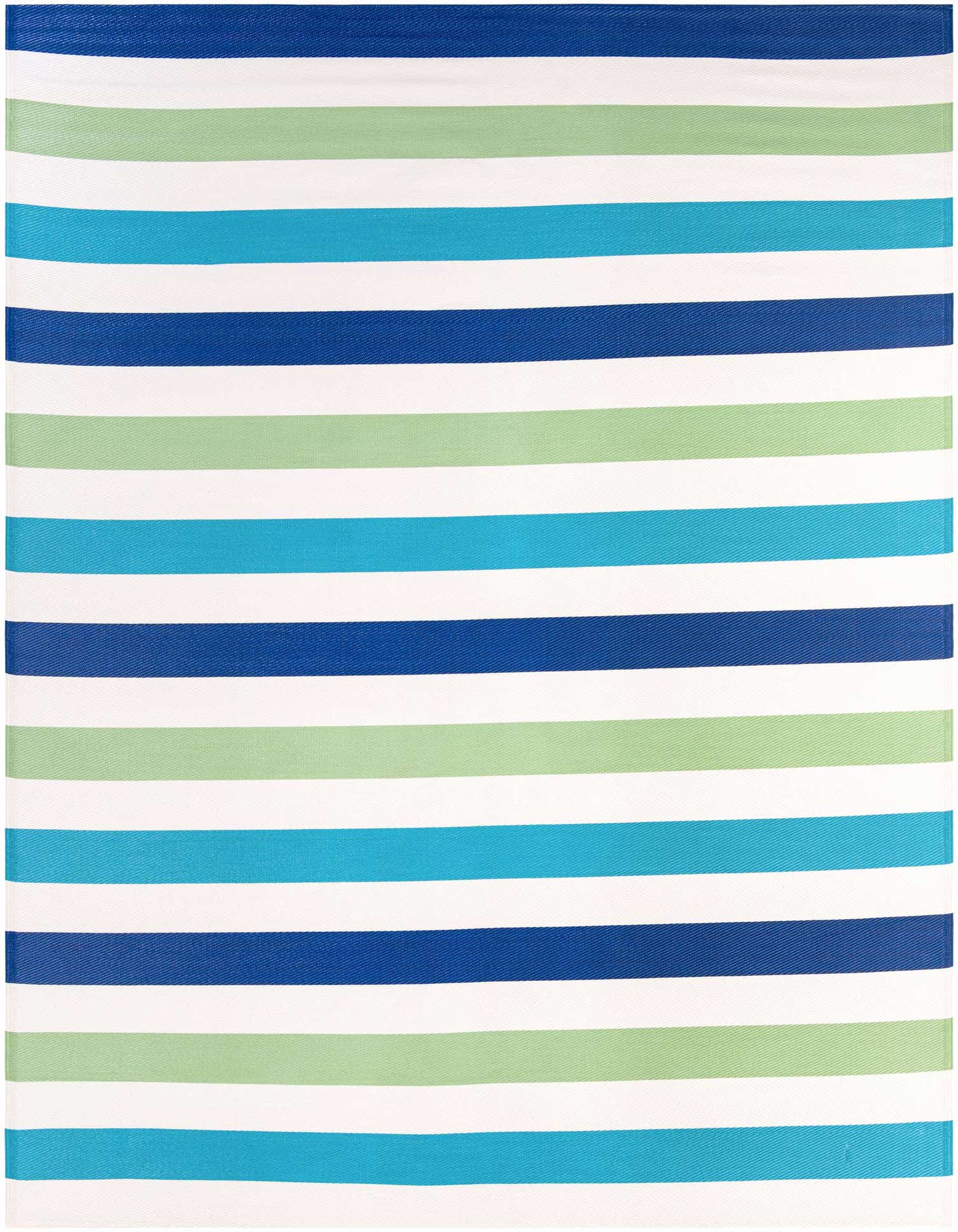 A 9x12 rectangular indoor/outdoor rug featuring modern horizontal stripes in varying shades of blue, green, and white.