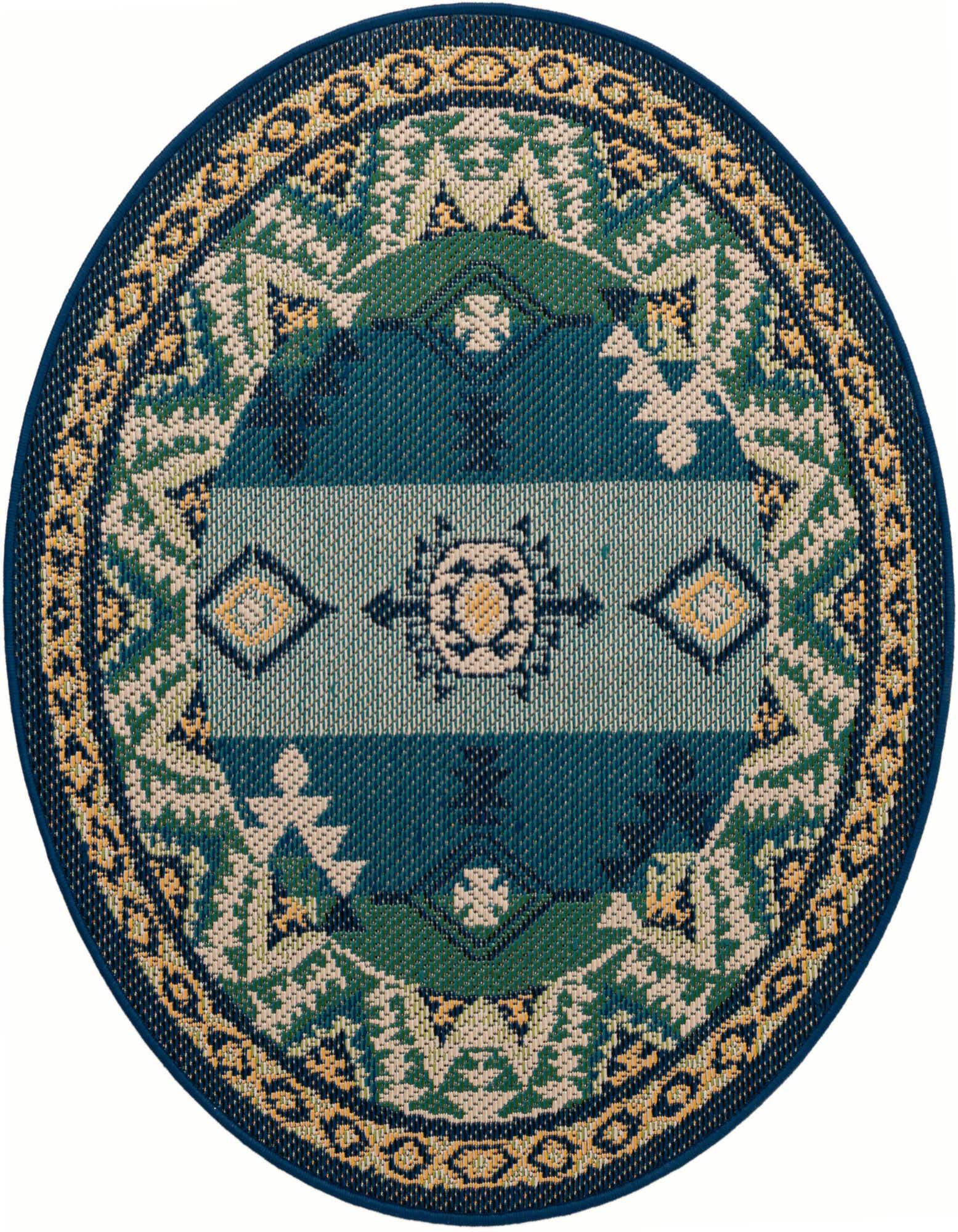 A round blue and green outdoor rug with a traditional medallion pattern and geometric border.