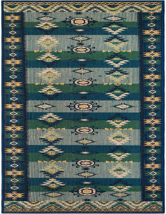 A 10 ft runner rug in blues and greens with a traditional geometric pattern, ideal for hallways or patios.