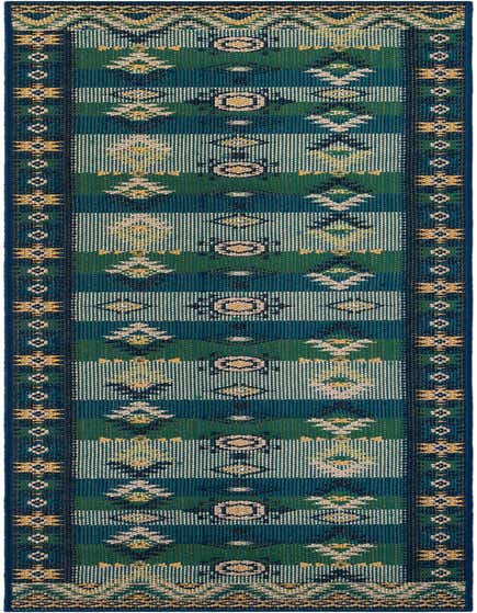 A 12 ft runner rug with a traditional geometric pattern in shades of blue, green, and beige, suitable for a hallway or patio.