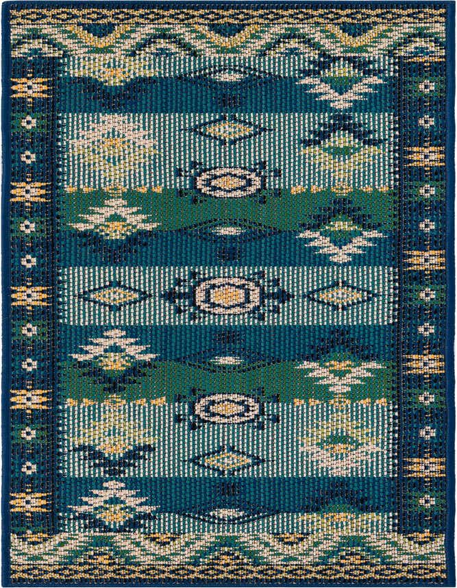 A 6 ft runner rug featuring a vibrant traditional pattern in blues, greens, and yellow, suitable for hallways or patios.
