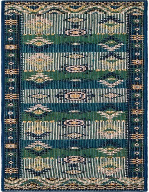 A long 8 ft runner rug featuring a traditional geometric pattern in shades of blue, green, and cream.