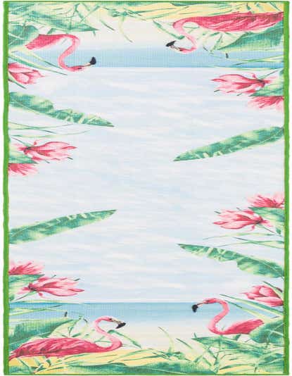A 10 ft runner rug featuring a vibrant tropical design with pink flamingos, green leaves, and hibiscus flowers against a light blue background, perfect for a hallway or patio.