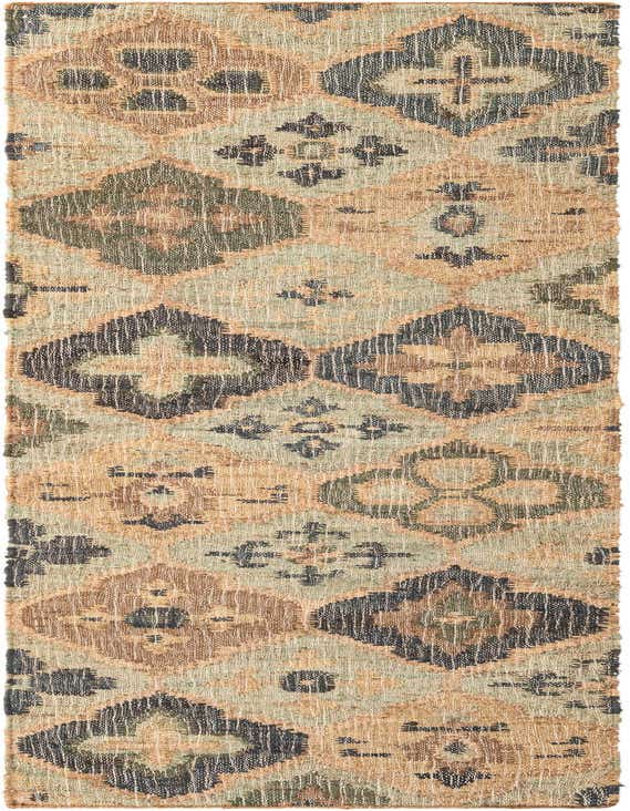 A 10 ft runner rug with a modern geometric pattern in shades of blue, green, and natural jute, ideal for a hallway.
