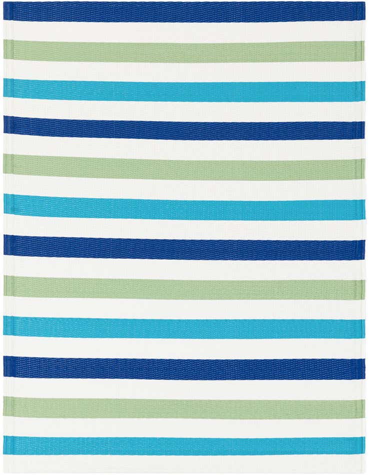 A 6 ft runner rug with bold horizontal stripes in varying shades of blue, light green, and white, suitable for a hallway or patio.