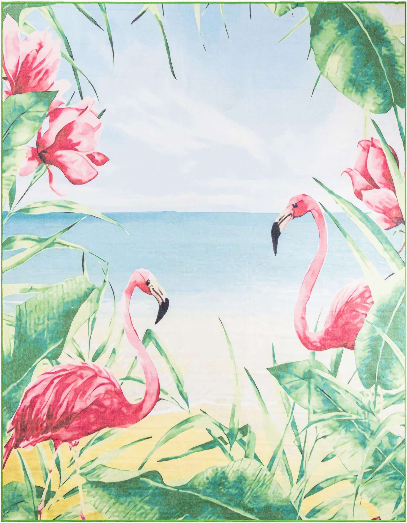 A square indoor/outdoor rug featuring a vibrant tropical scene with pink flamingos, lush green foliage, and a blue ocean background.