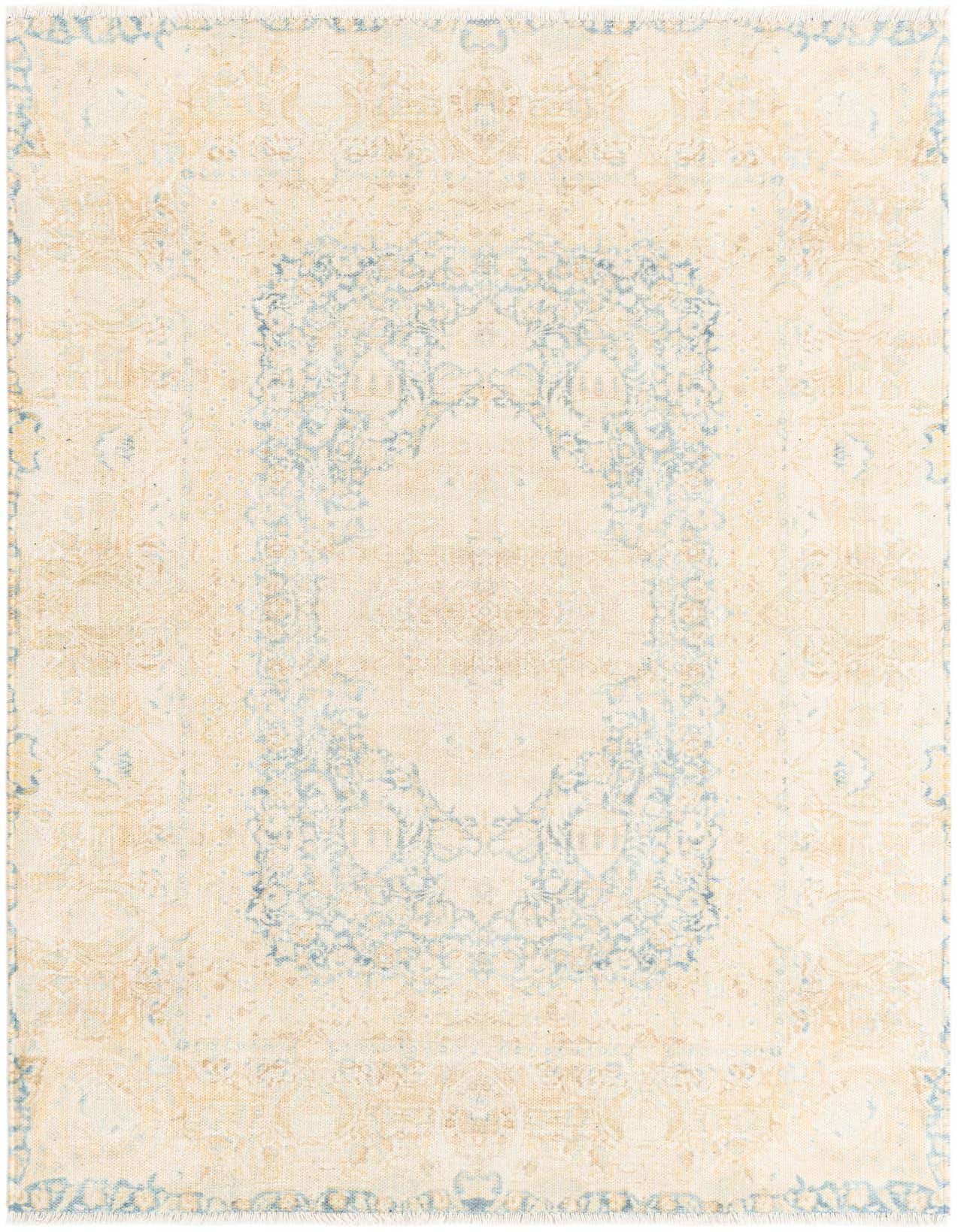 A 4x6 rectangular Rugs.com Boutique rug featuring a faded blue medallion and traditional patterns on an ivory and cream background.