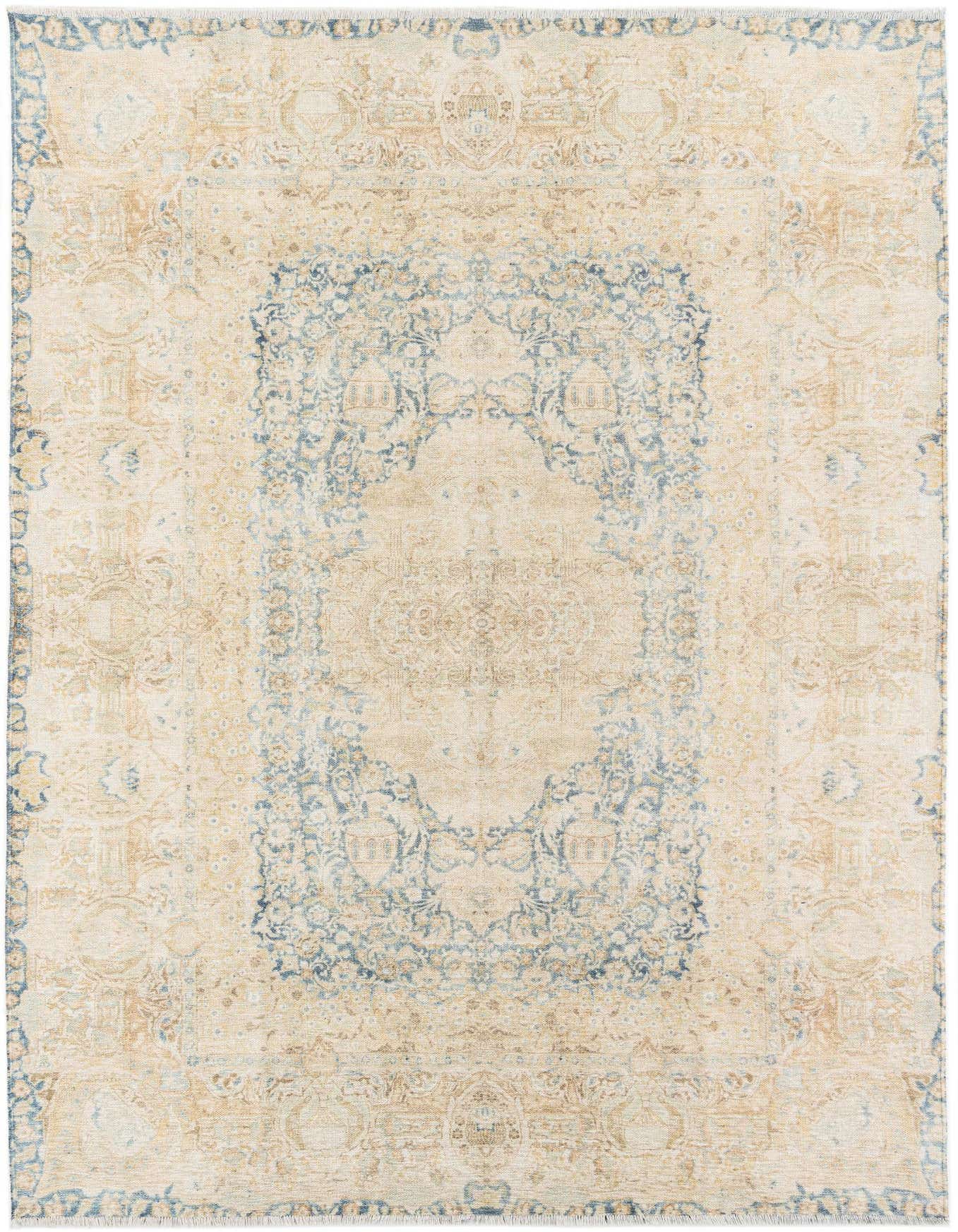 A 6x9 rectangular traditional rug featuring a faded blue medallion and border on an ivory and cream background.