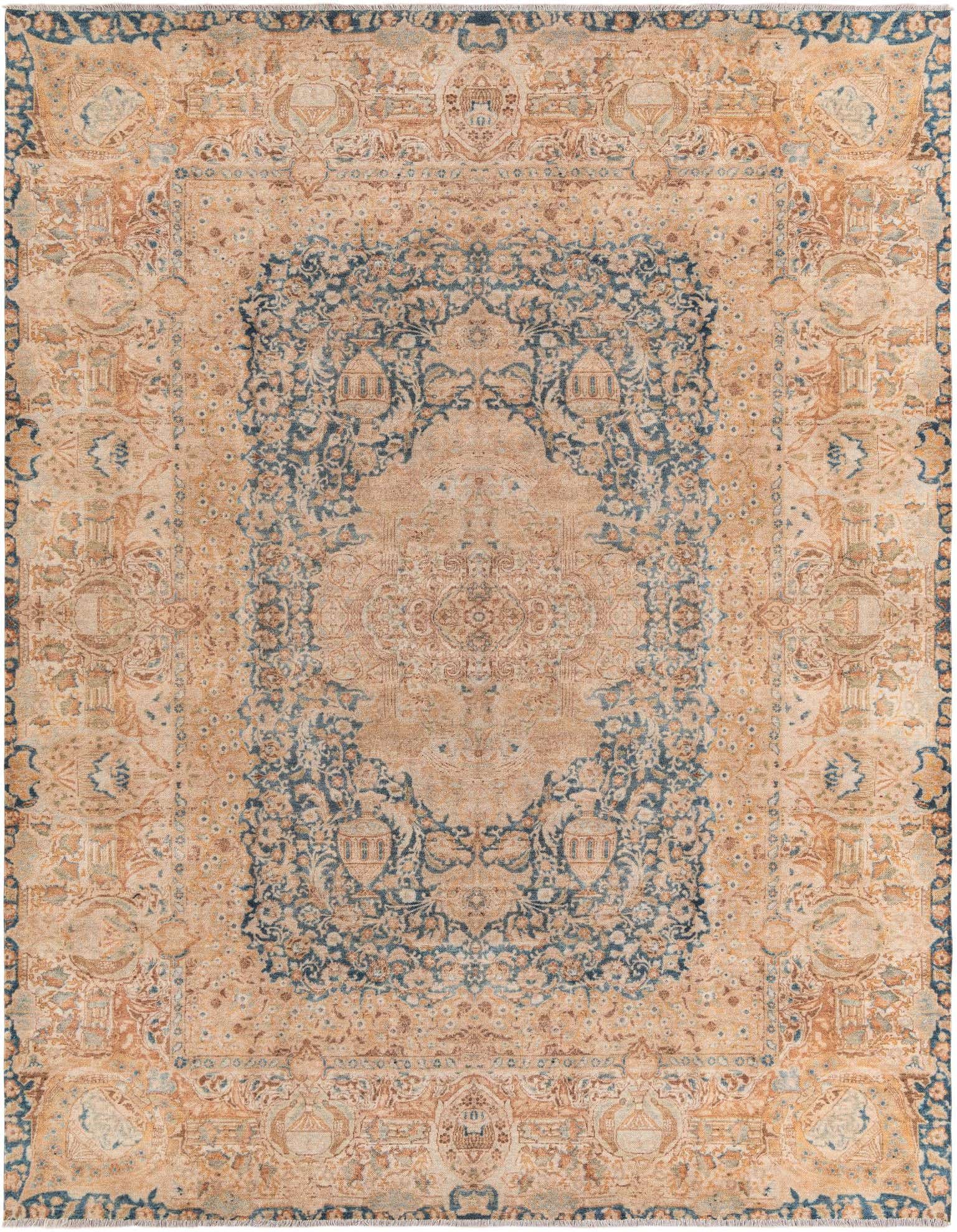An 8x10 rectangular traditional chenille rug with a distressed blue medallion and ivory/cream background.