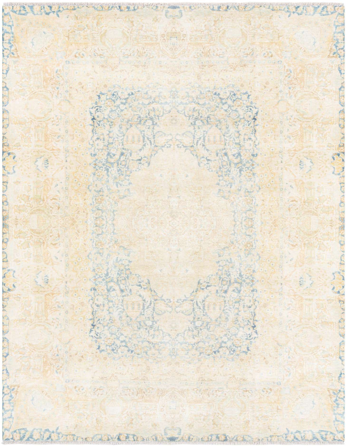 A 5x8 rectangular indoor rug featuring a faded traditional medallion pattern in blues and ivories/creams.