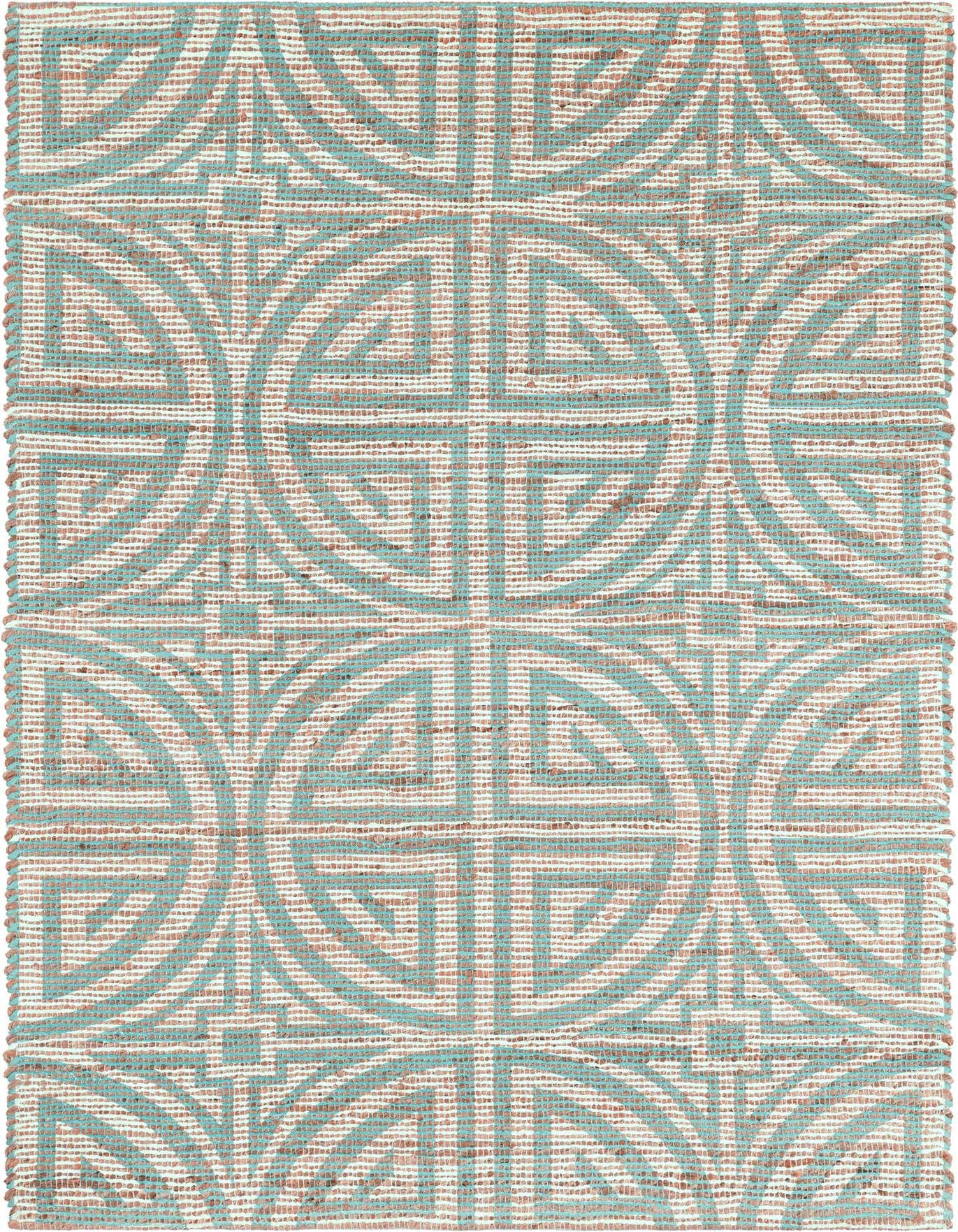 A 4x6 rectangular Chenille Jute rug featuring a modern geometric pattern in blue and ivory tones.