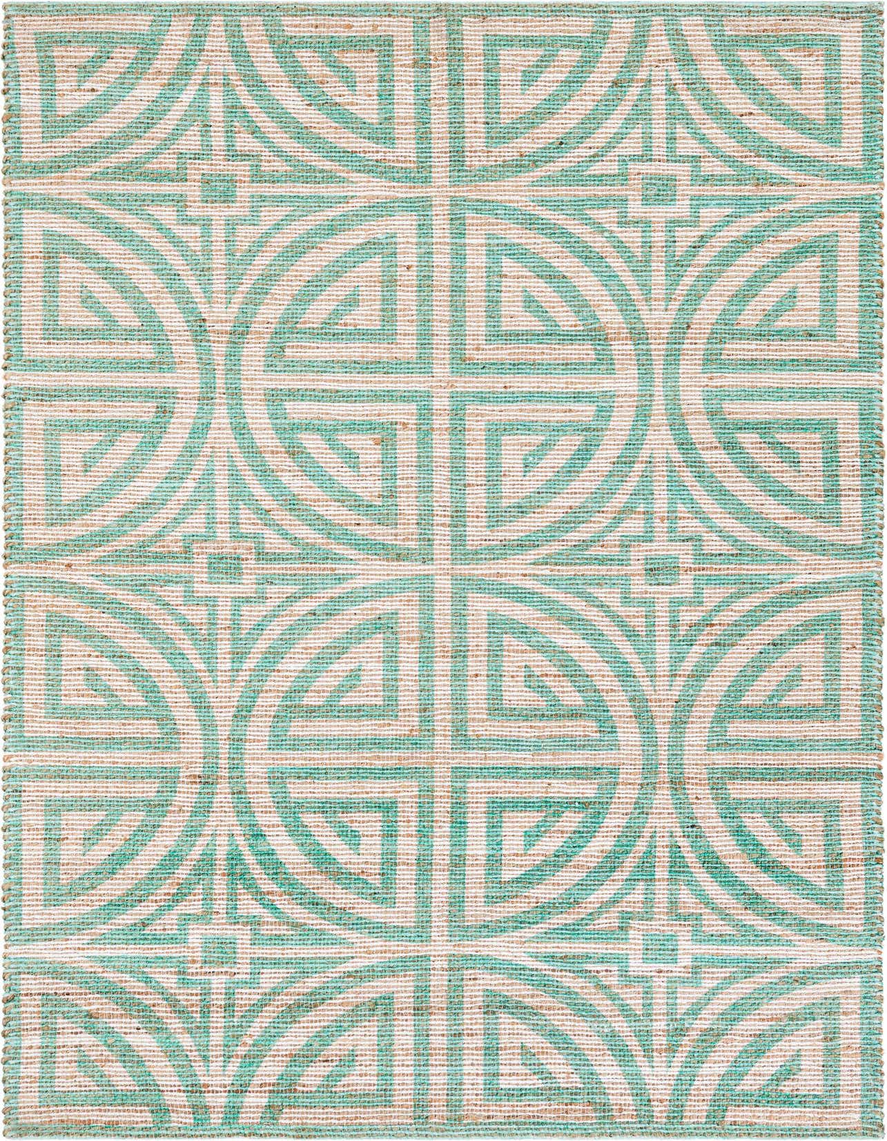 A 5x8 rectangular Chenille Jute rug featuring a modern geometric pattern in teal blue and natural ivory.