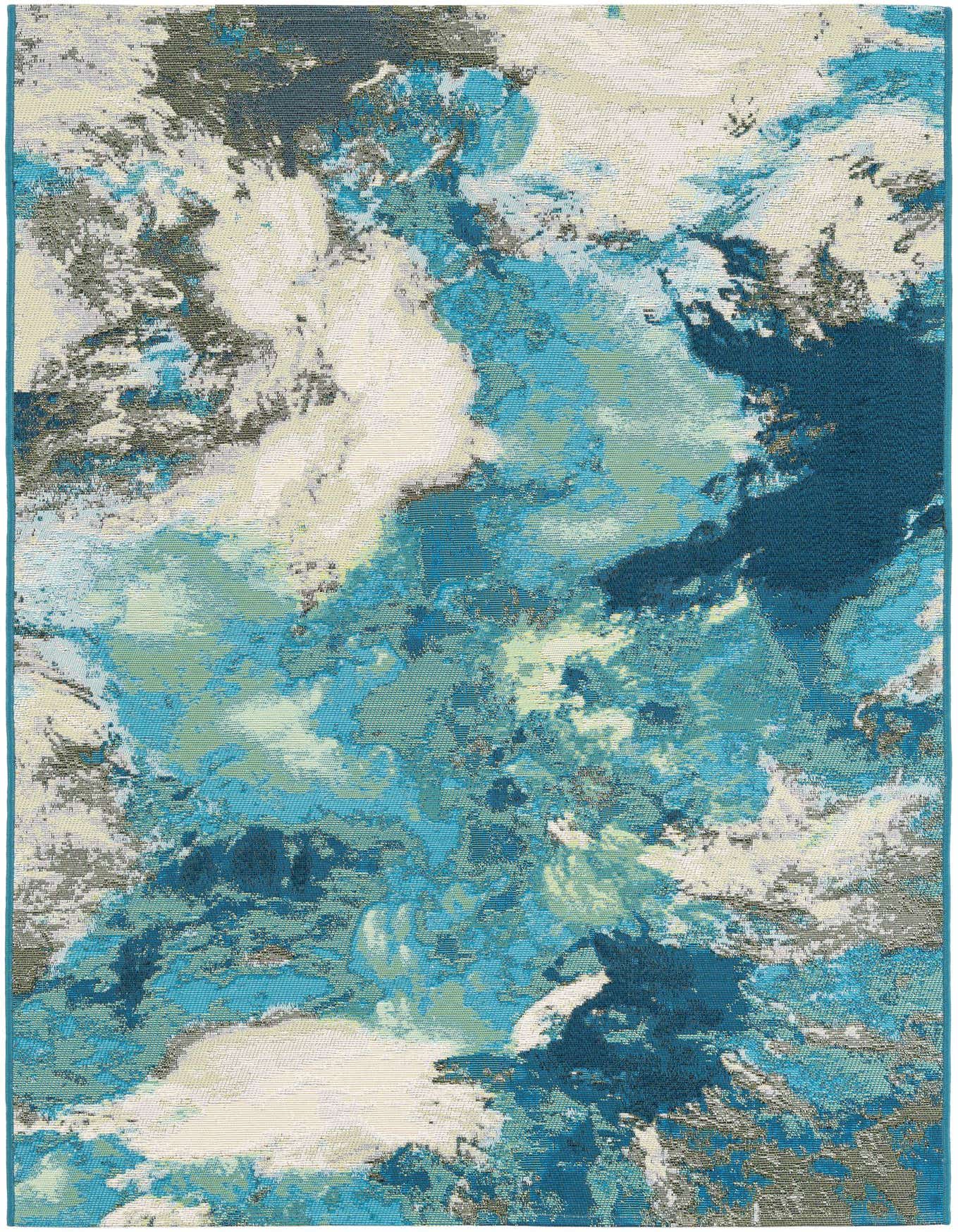 A 4x6 rectangular indoor/outdoor rug with an abstract, modern pattern in shades of blue, ivory, and cream, resembling ocean waves or clouds.
