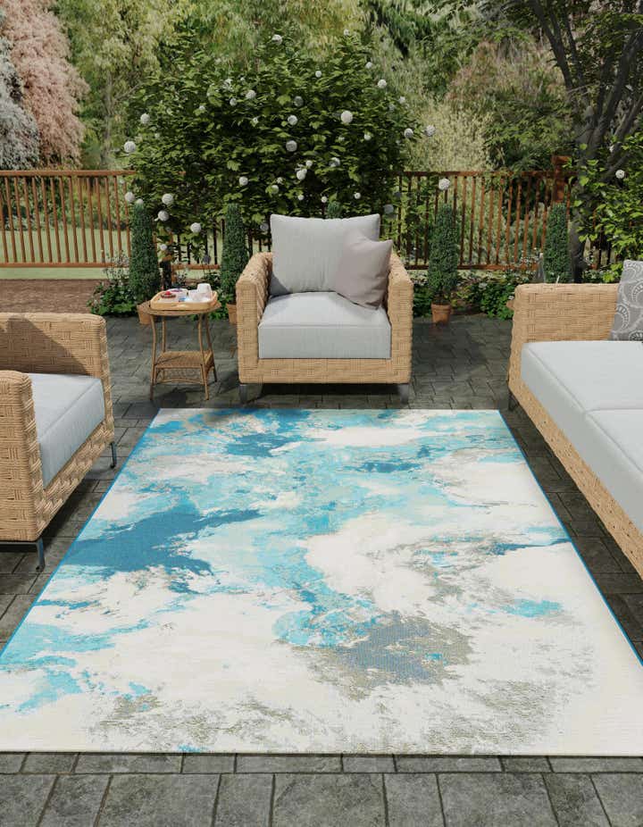 Blue and Ivory 9' x 12' Modern Indoor / Outdoor Rug | Rugs.com