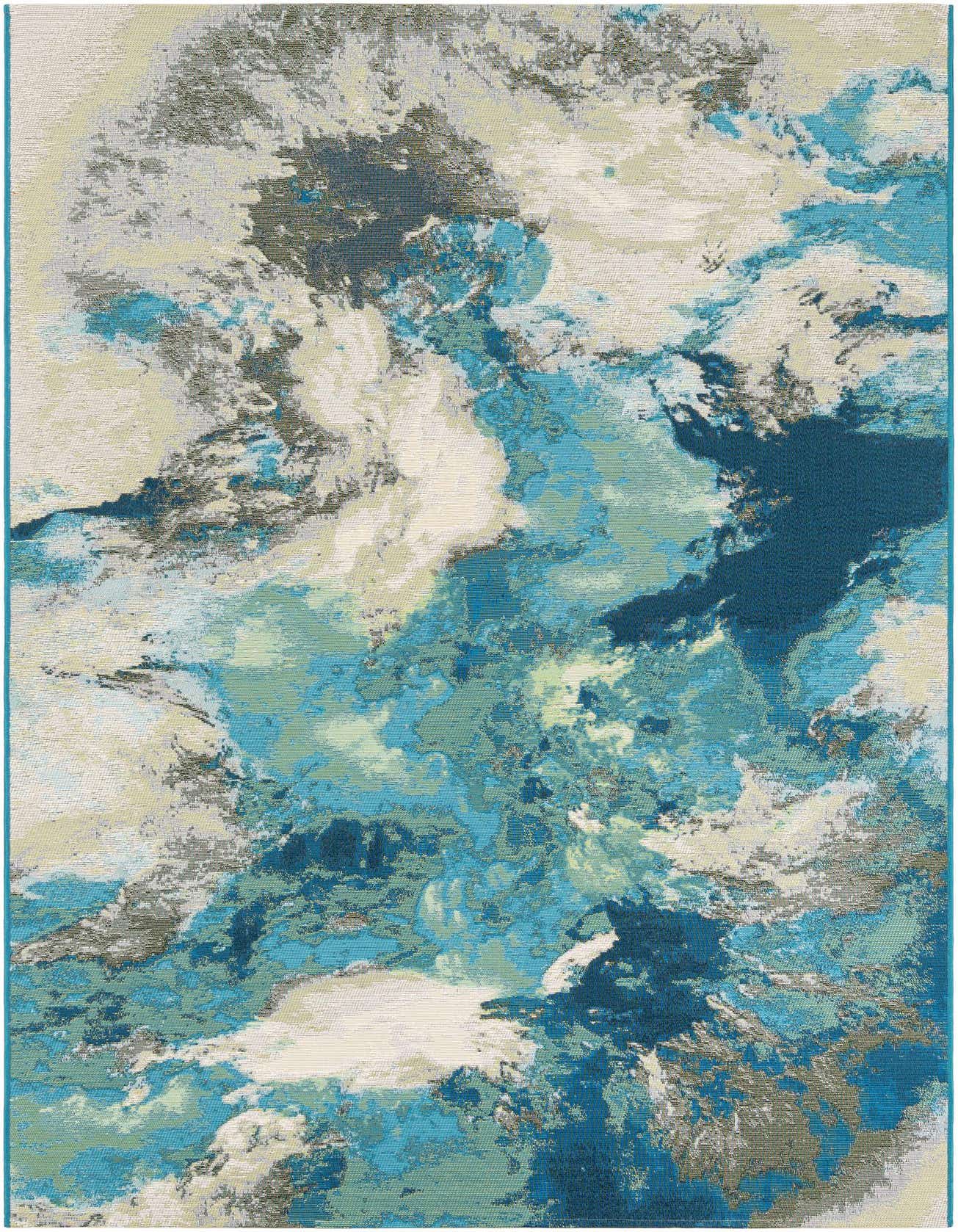 A 5x8 rectangular indoor/outdoor rug with an abstract, coastal pattern in various shades of blue, ivory, and cream.