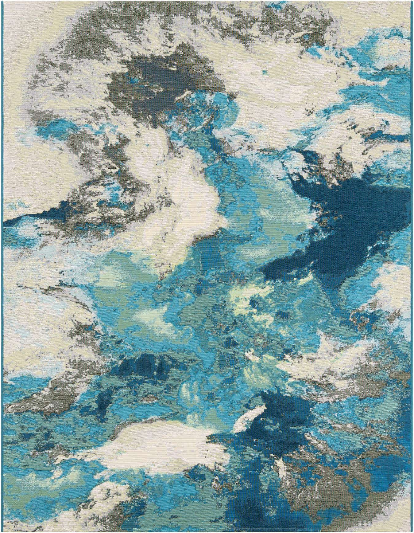 A 6x9 rectangular Rugs.com Outdoor Modern rug featuring an abstract pattern in various blues, ivories, and creams, suitable for indoor or outdoor use.