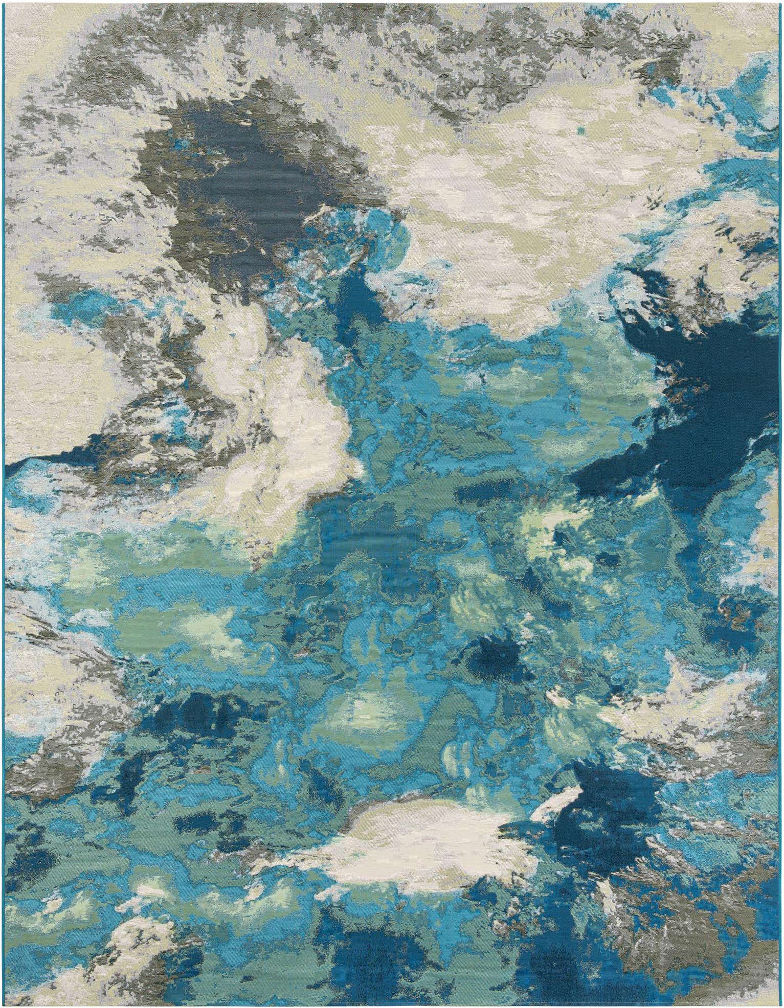 A 9x12 rectangular rug featuring an abstract, coastal-inspired pattern in various shades of blue, ivory, and cream.