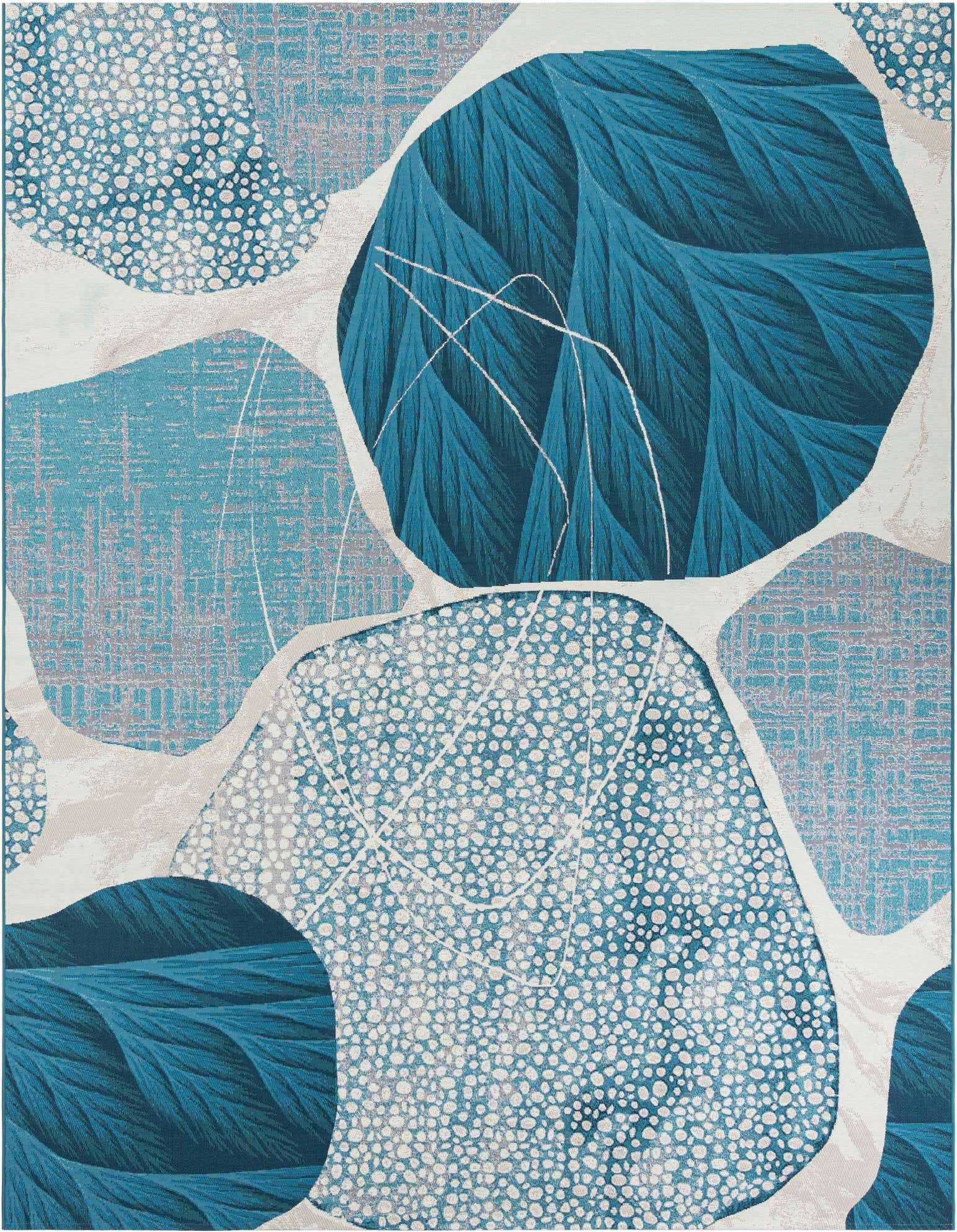 A 9x12 rectangular rug featuring a modern abstract pattern in shades of blue and ivory, with large leaf-like shapes and speckled textures.
