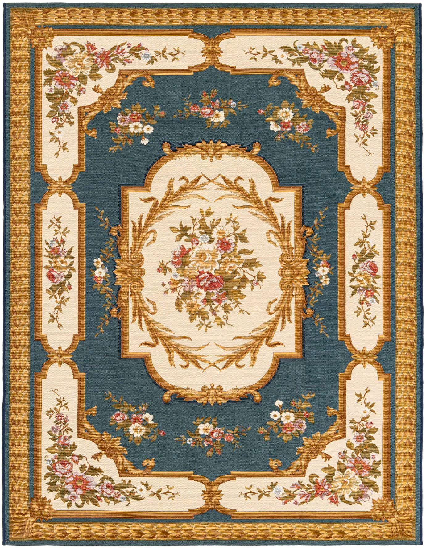 A 5x8 rectangular blue and ivory traditional rug with a central medallion and floral patterns, ideal for indoor or outdoor use.