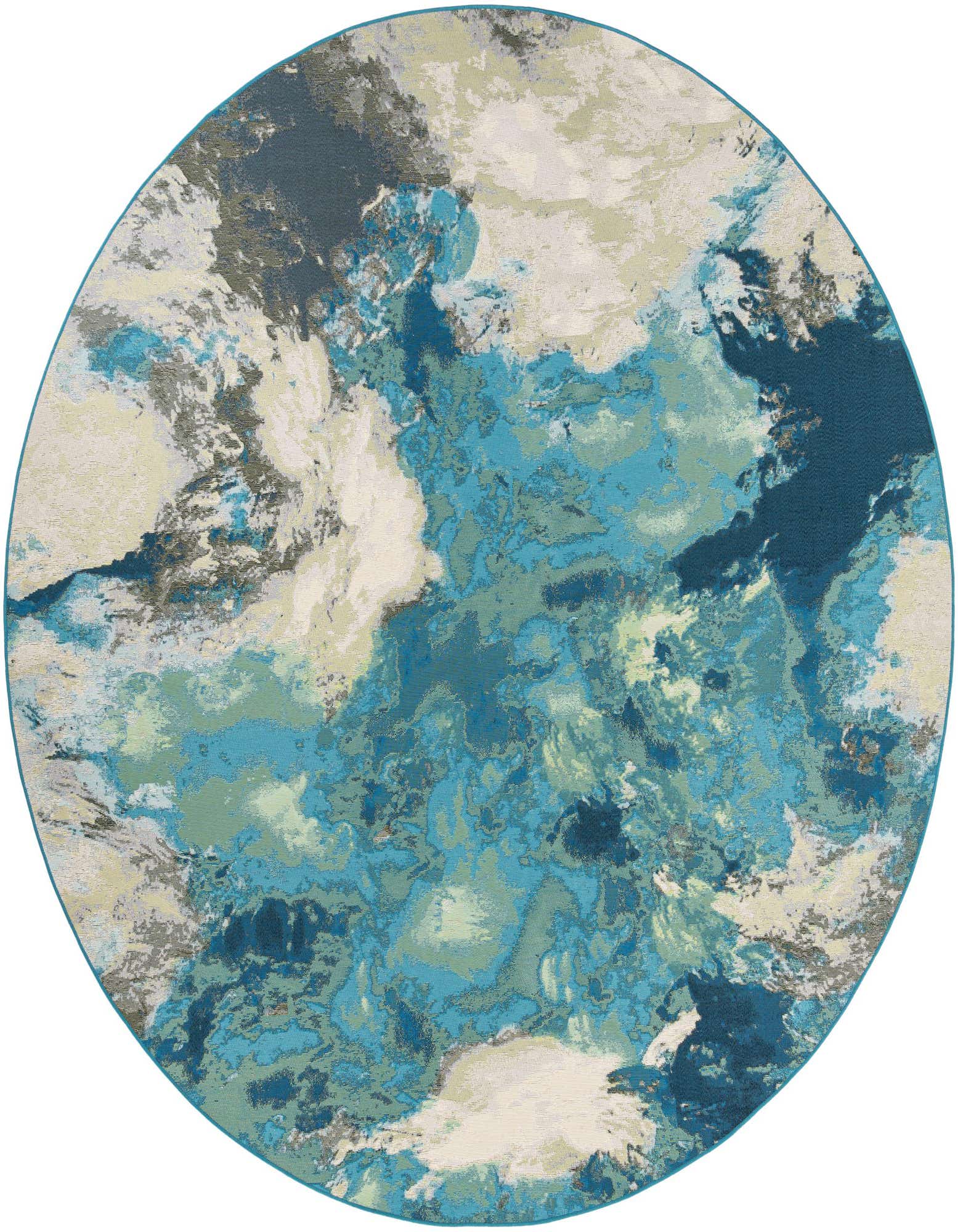 A 10-foot round indoor/outdoor rug with an abstract, coastal-inspired pattern in shades of blue, ivory, and cream.