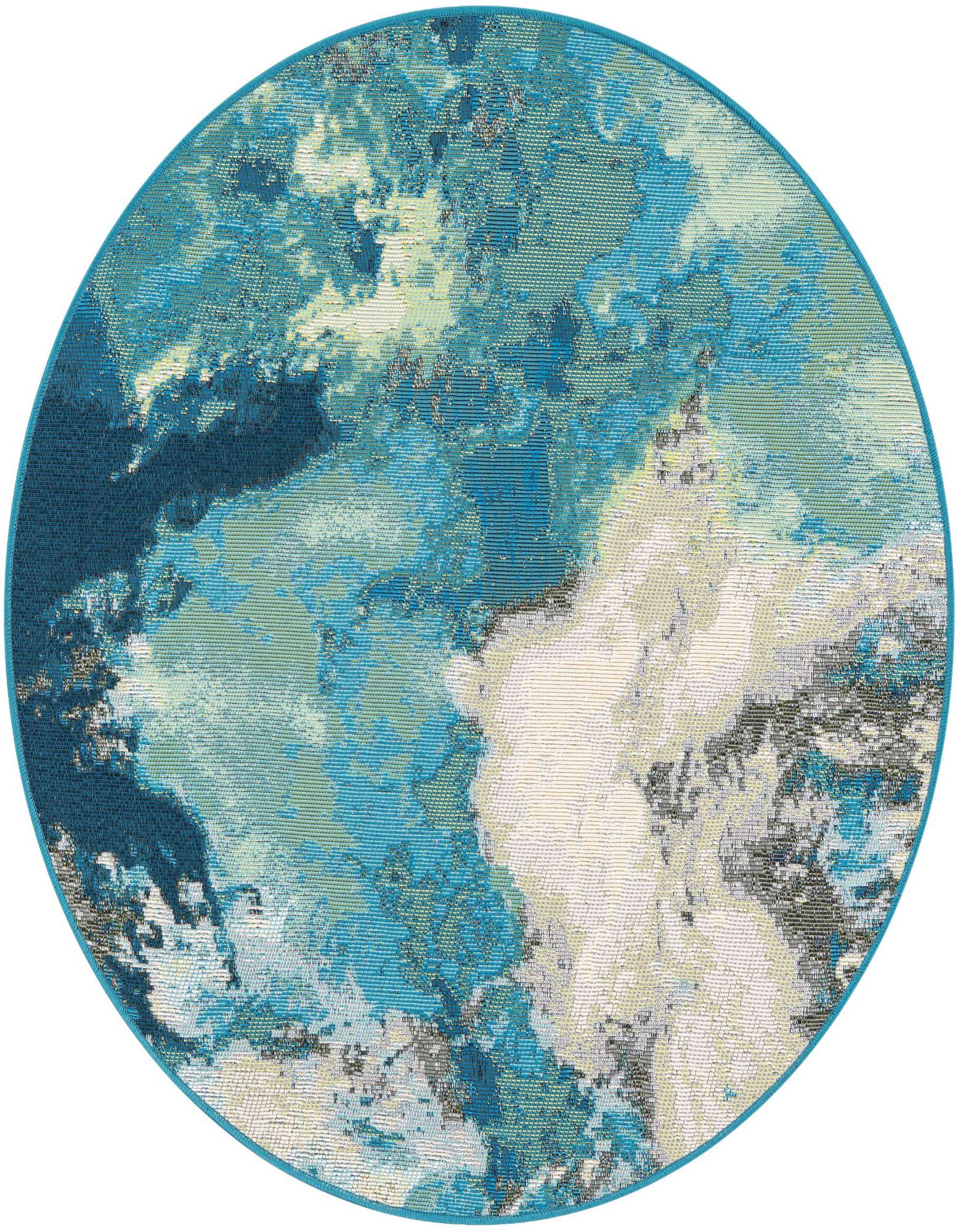 A 3' 3 round blue and ivory abstract rug with a textured, flatweave pile, suitable for indoor or outdoor use.