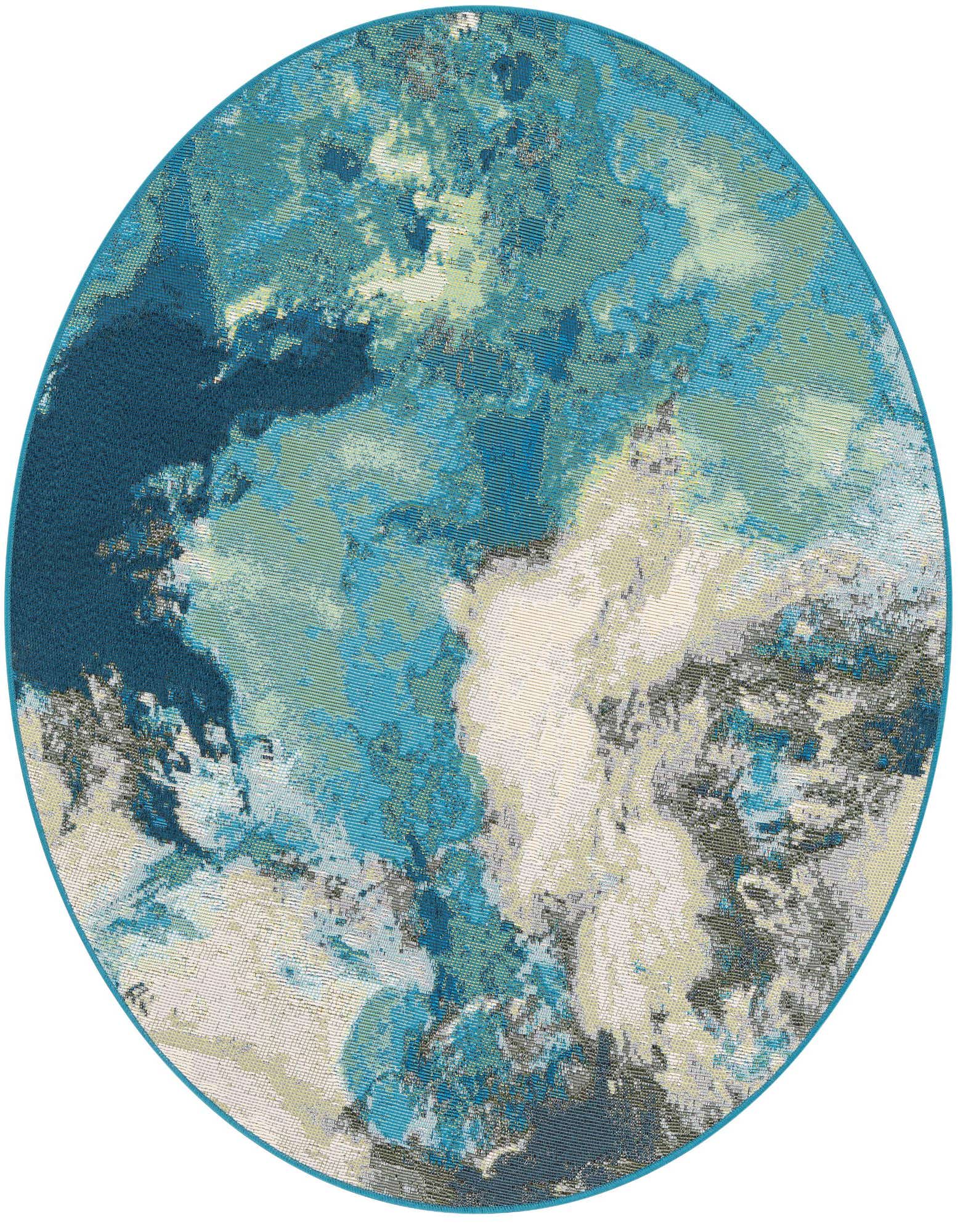 A 4' 1 x 4' 1 round blue and ivory abstract rug with a coastal, modern design, suitable for indoor/outdoor use.