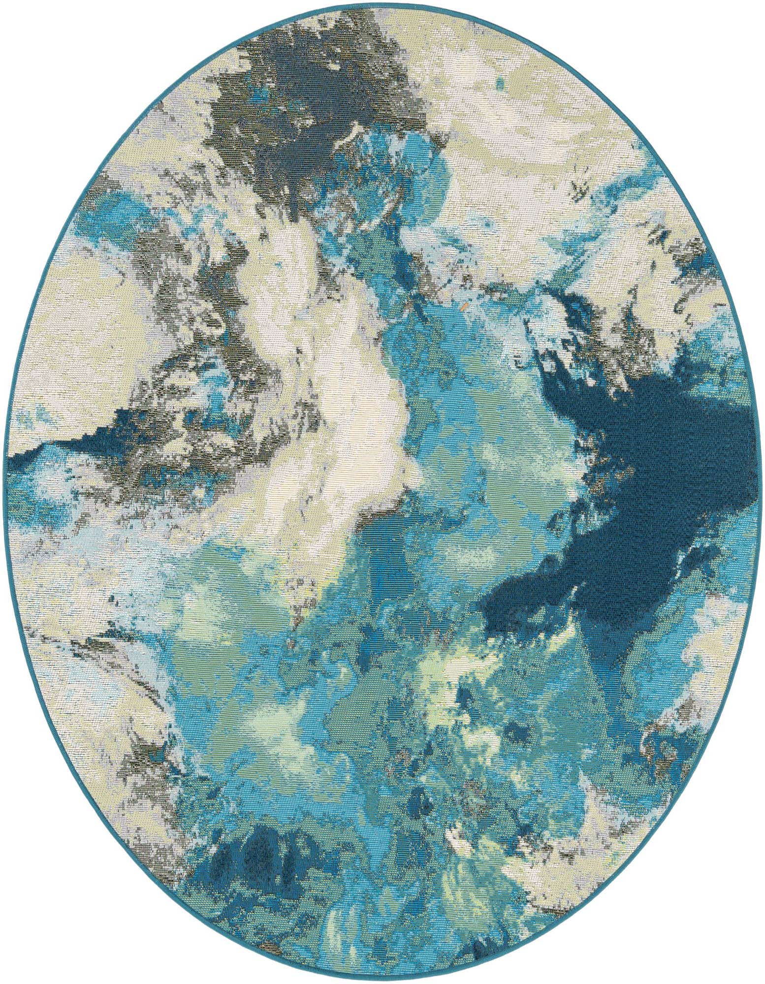 A round 5' 3" blue, ivory, and cream abstract rug with a coastal, modern design, suitable for indoor or outdoor use.