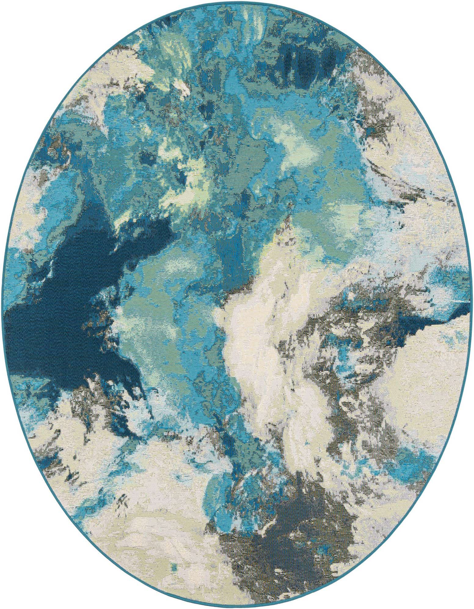 A 6'1" round blue, teal, and ivory abstract area rug with a modern coastal pattern, suitable for indoor or outdoor use.