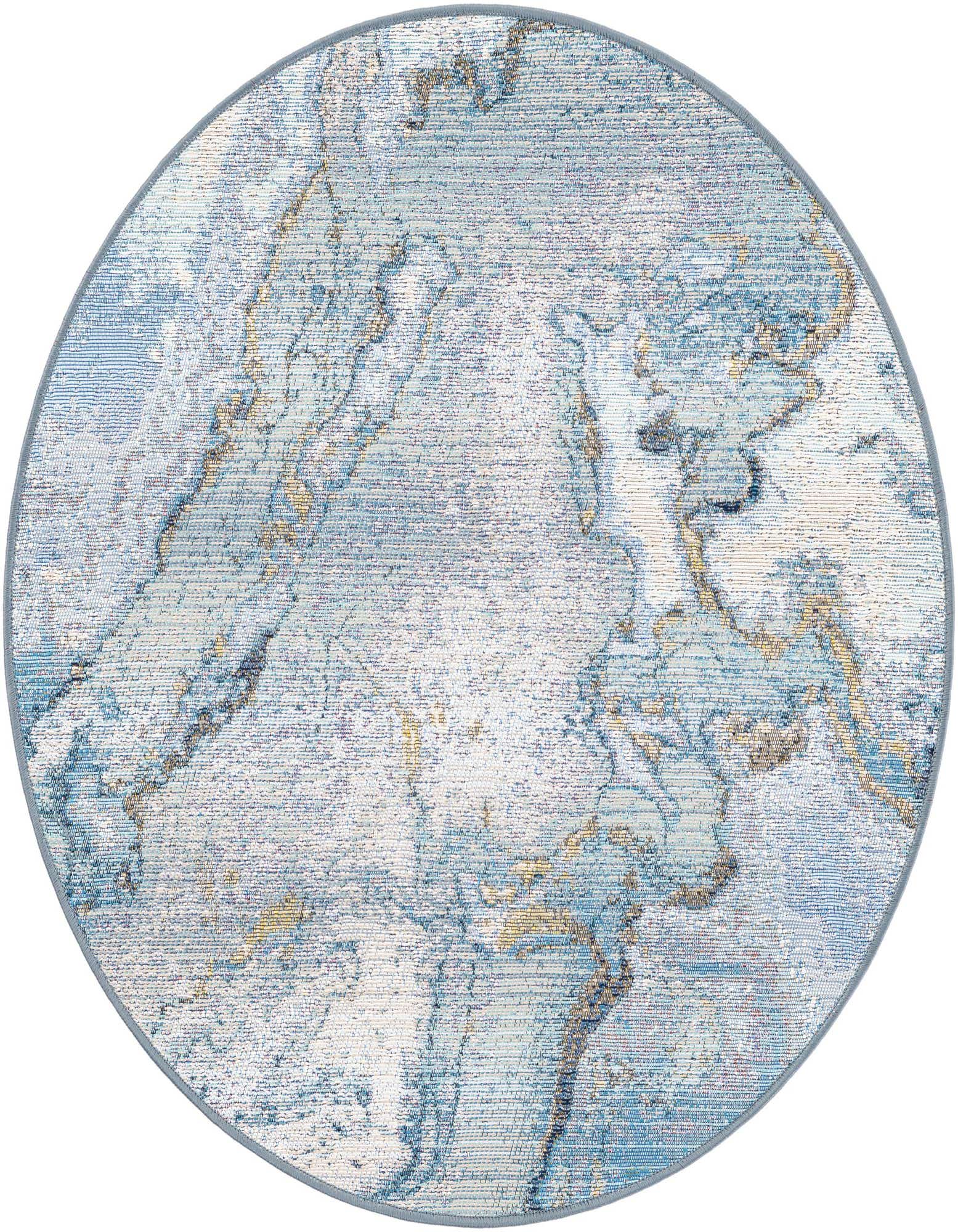 A round 3' 3 blue and ivory abstract rug with gold accents, suitable for indoor or outdoor spaces.